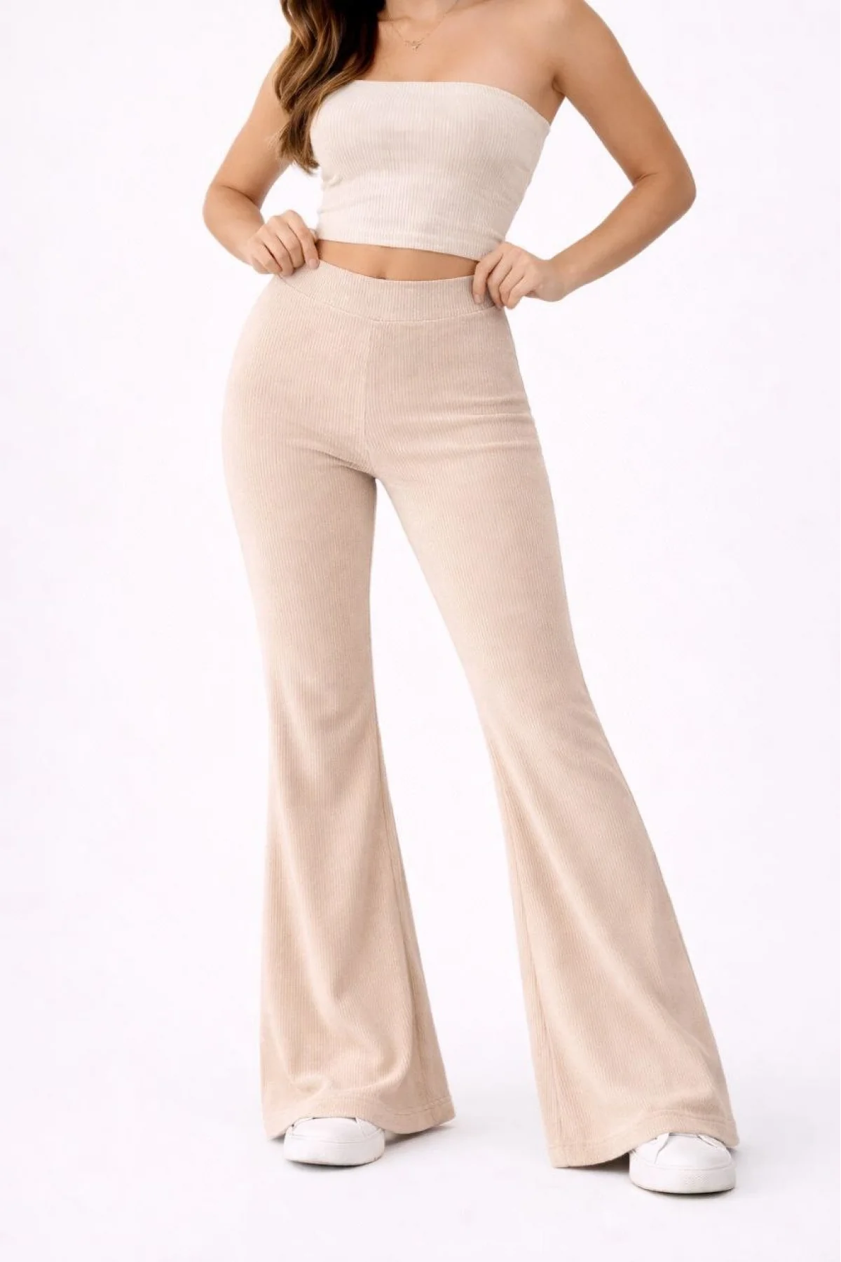 Kadın Fitilli Kaşkorse İspanyol Paça Tayt Yüksek Bel Esnek Günlük Rahat Pantolon - Bej
