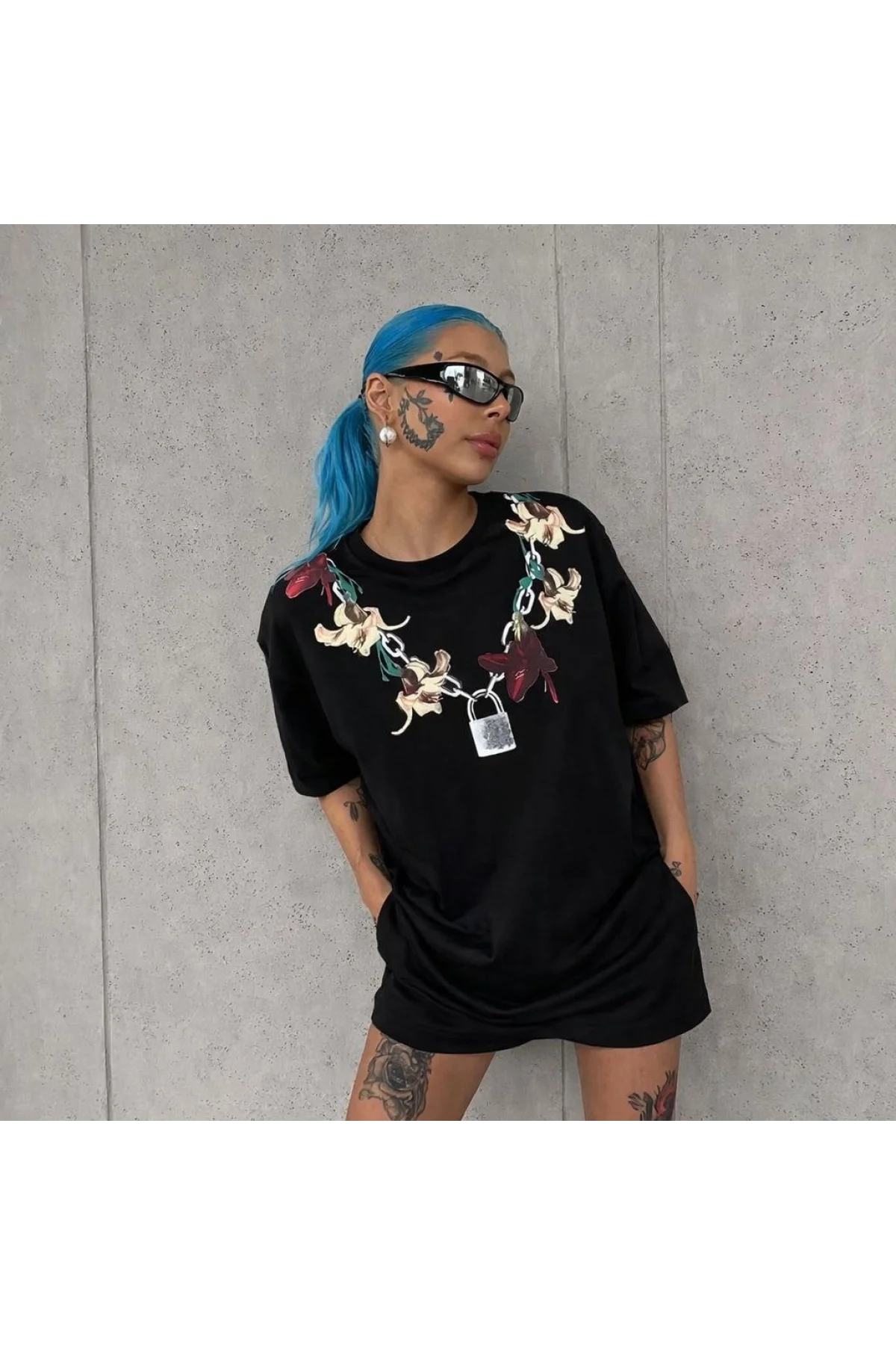 Kadın Baskılı T-Shirt Kısa Kol Bisiklet Yaka Regular Rahat Kalıp Günlük Tişört - Siyah