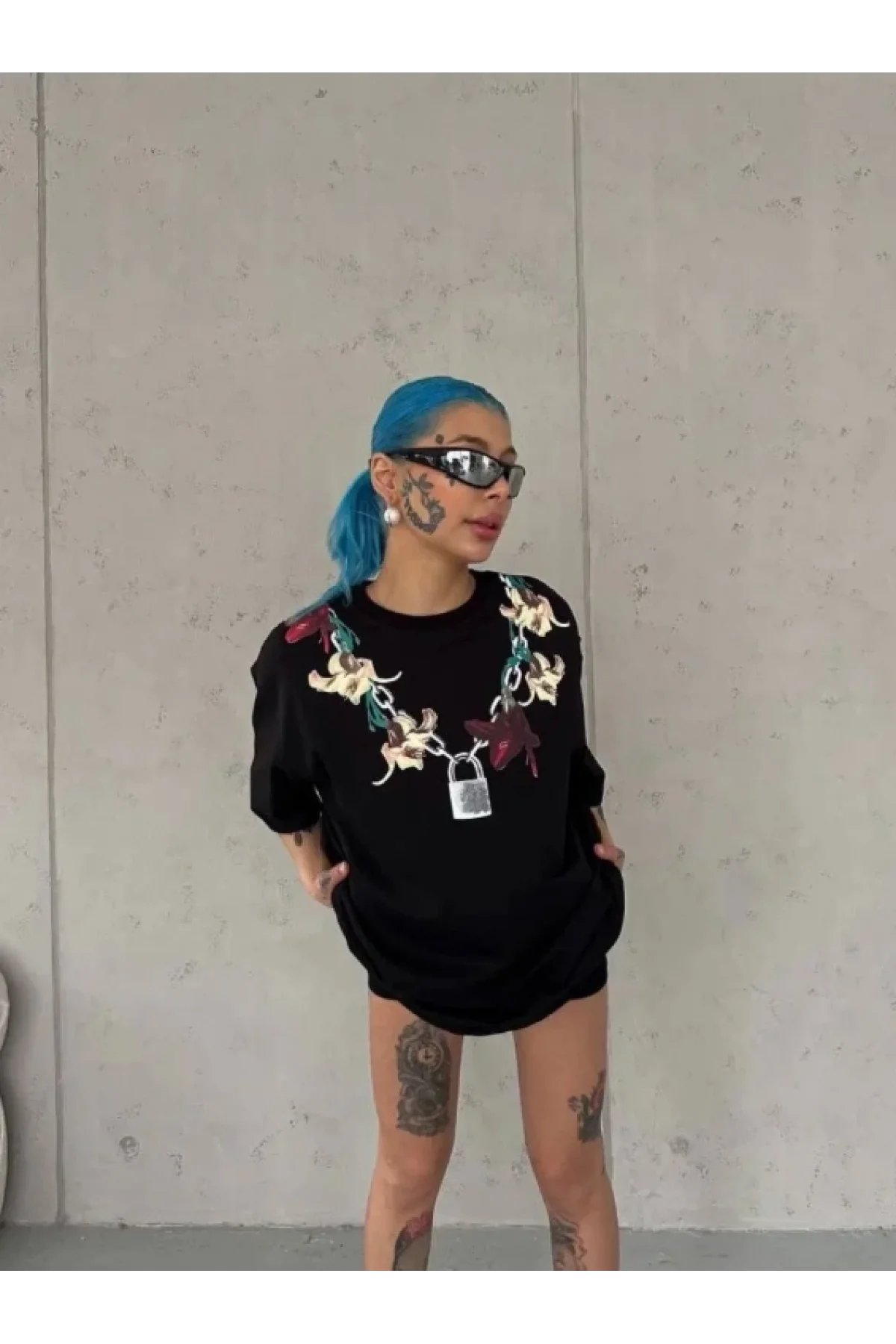 Kadın Baskılı T-Shirt Kısa Kol Bisiklet Yaka Regular Rahat Kalıp Günlük Tişört - Siyah