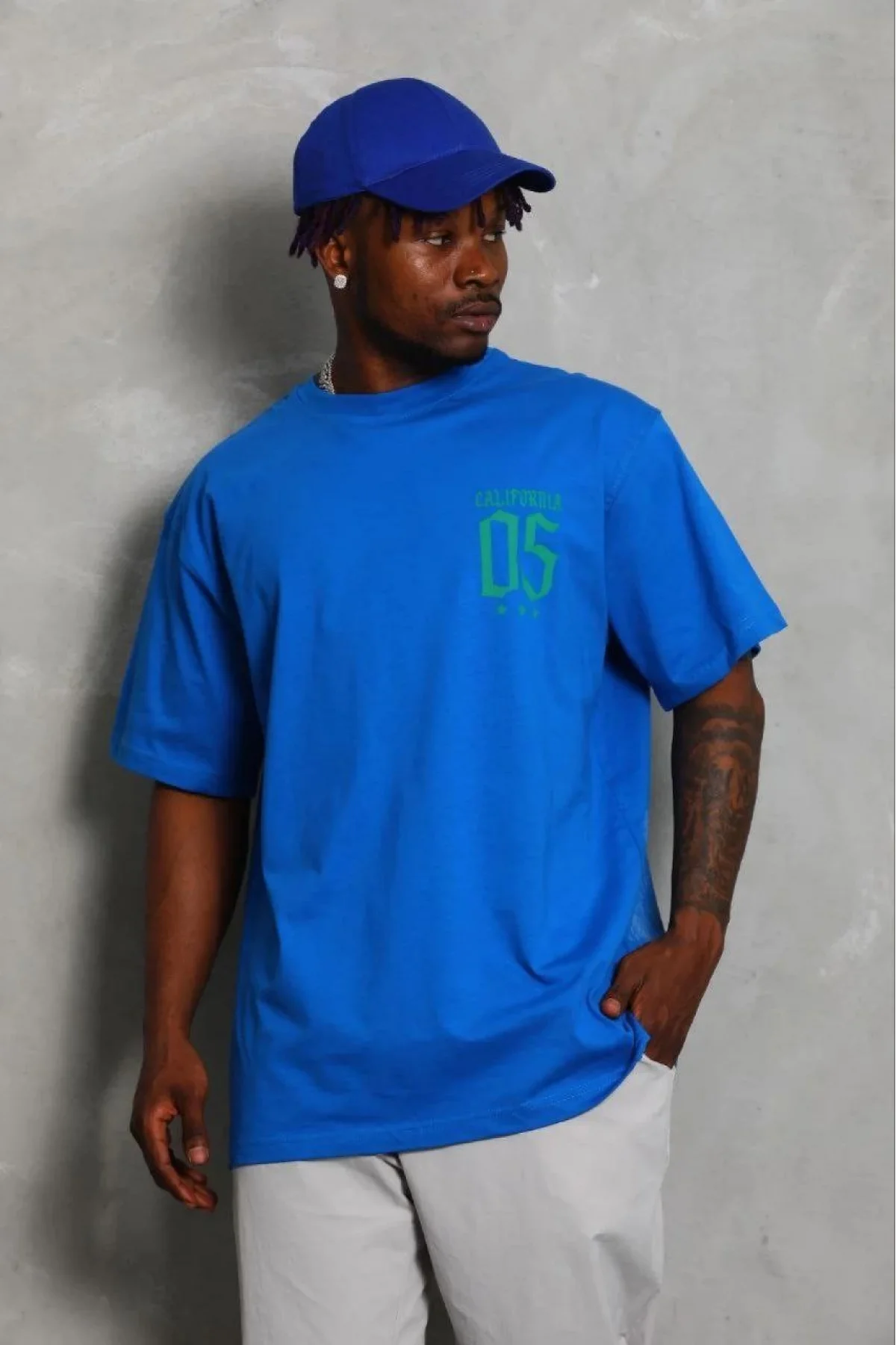 Erkek Baskılı T-Shirt Kısa Kol Bisiklet Yaka Regular Fit Rahat Kalıp Günlük Tişört - Saks Mavisi