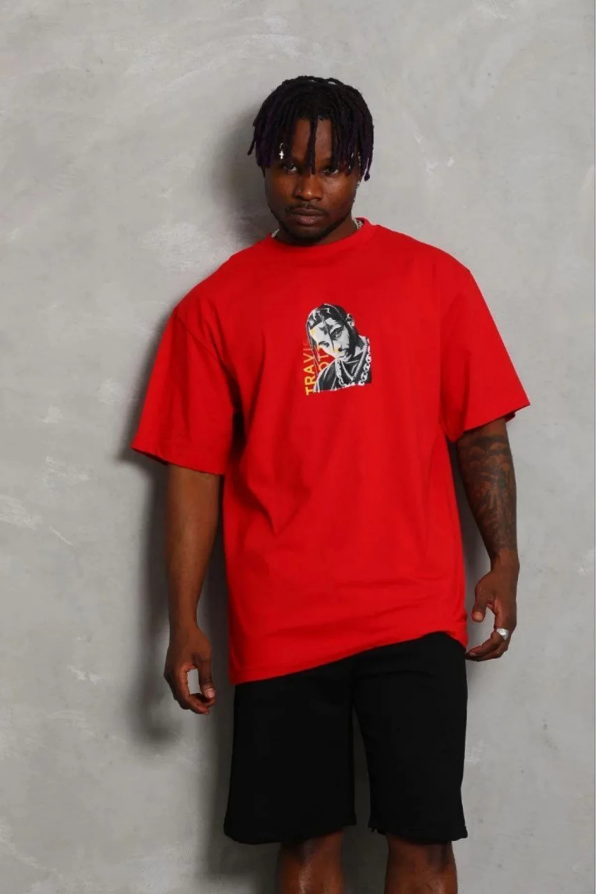 Erkek Baskılı T-Shirt Kısa Kol Bisiklet Yaka Regular Fit Rahat Kalıp Günlük Tişört - Kırmızı