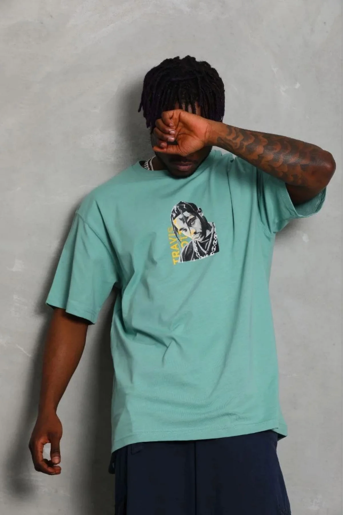 Erkek Baskılı T-Shirt Kısa Kol Bisiklet Yaka Regular Fit Rahat Kalıp Günlük Tişört - Mint Yeşili