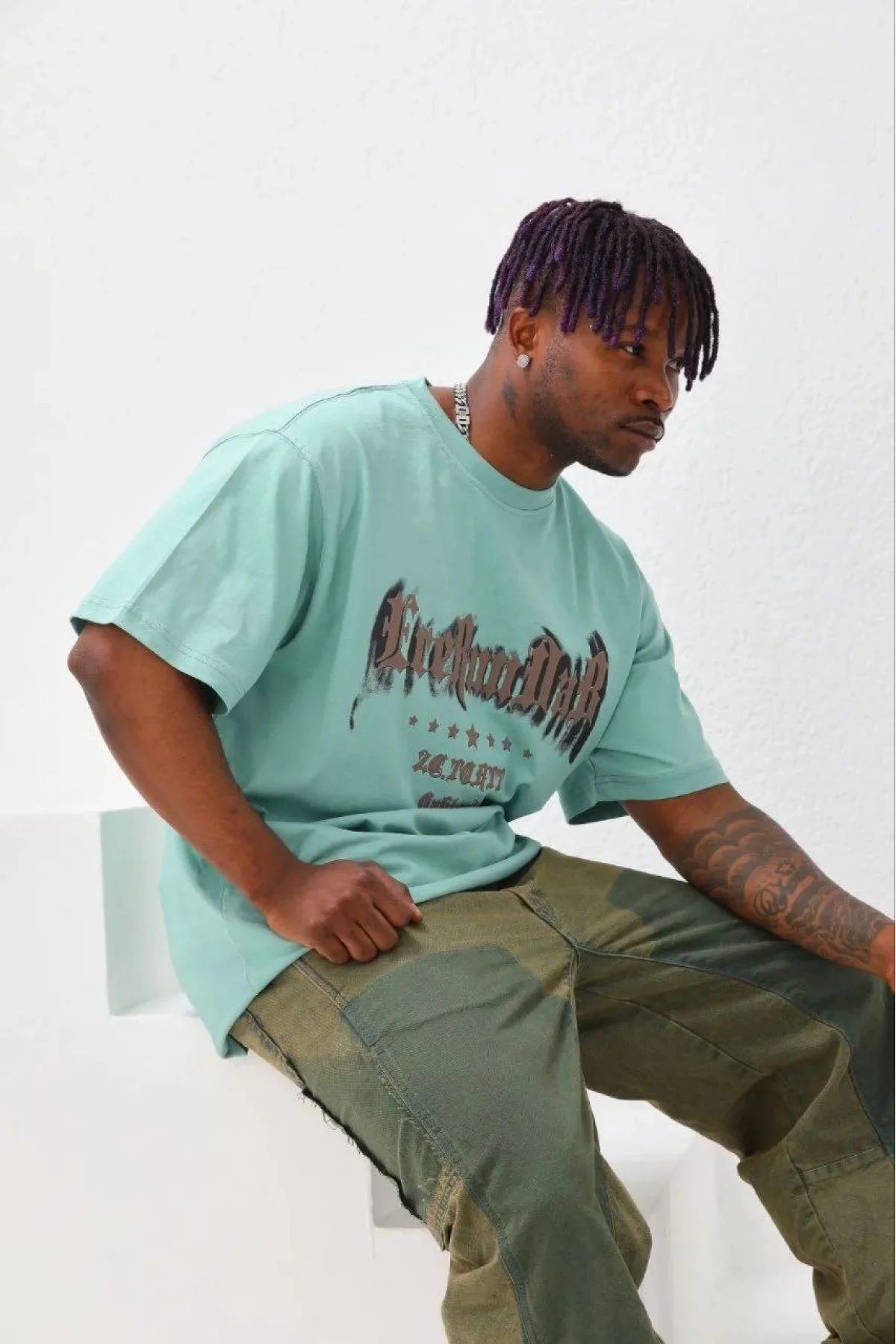 Erkek Baskılı T-Shirt Kısa Kol Bisiklet Yaka Regular Fit Rahat Kalıp Günlük Tişört - Mint Yeşili