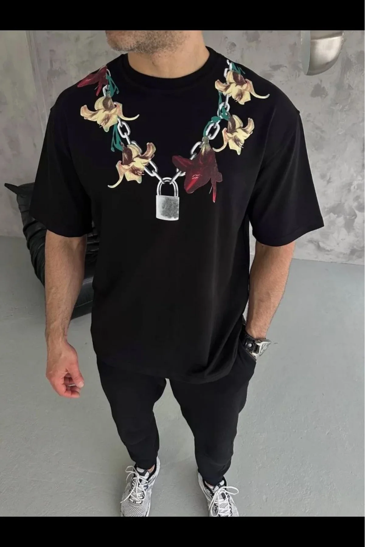 Erkek Baskılı T-Shirt Kısa Kol Bisiklet Yaka Regular Fit Rahat Kalıp Günlük Tişört - Siyah