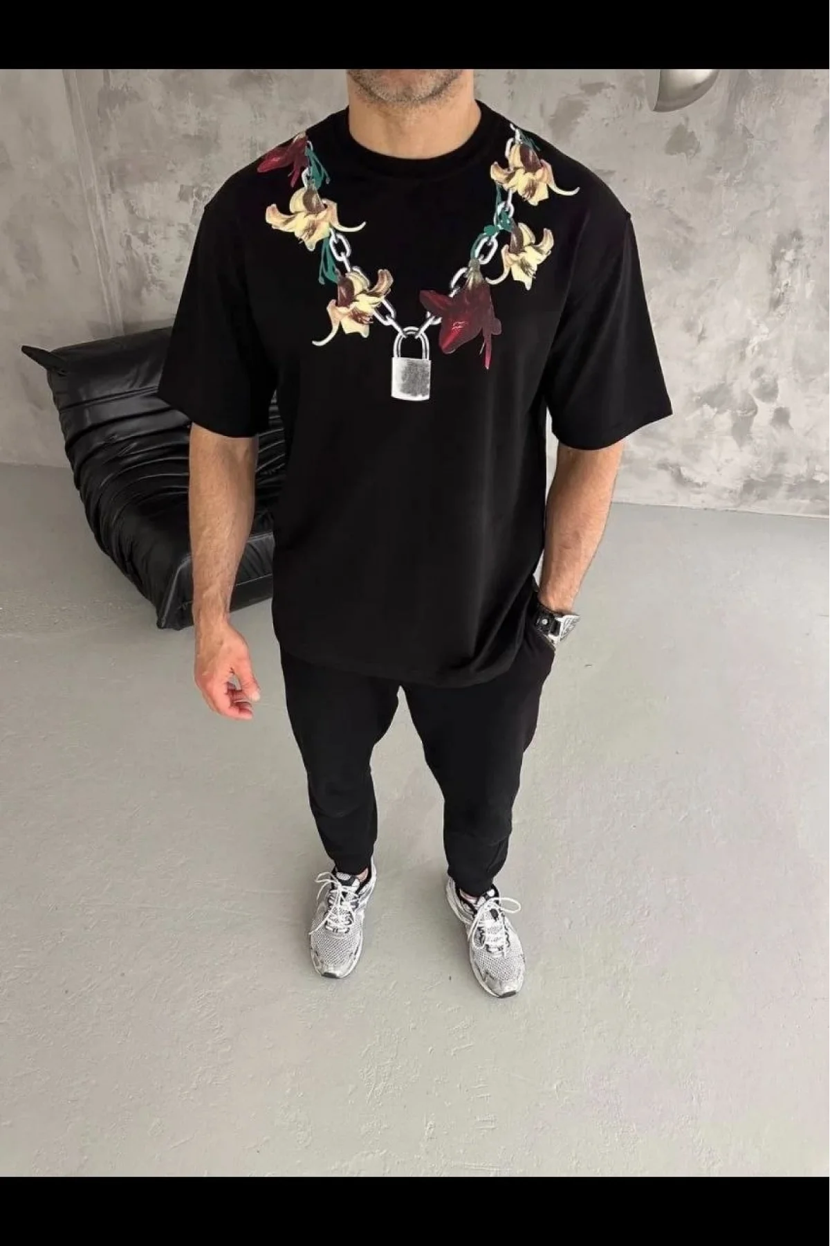 Erkek Baskılı T-Shirt Kısa Kol Bisiklet Yaka Regular Fit Rahat Kalıp Günlük Tişört - Siyah