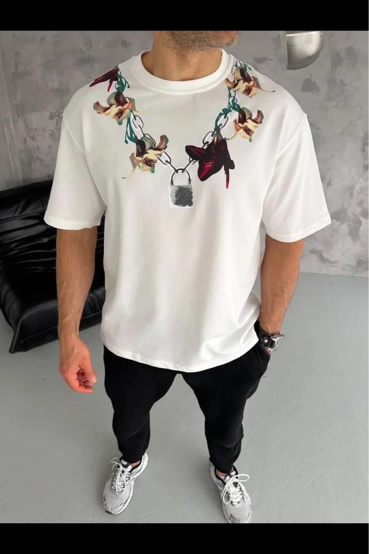 Erkek Baskılı T-Shirt Kısa Kol Bisiklet Yaka Regular Fit Rahat Kalıp Günlük Tişört - Beyaz