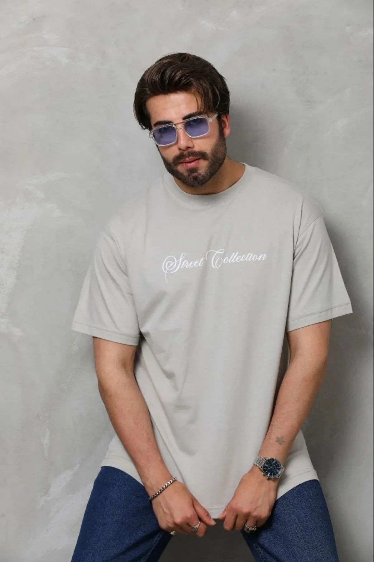 Erkek Baskılı T-Shirt Kısa Kol Bisiklet Yaka Regular Fit Rahat Kalıp Günlük Tişört - Gri