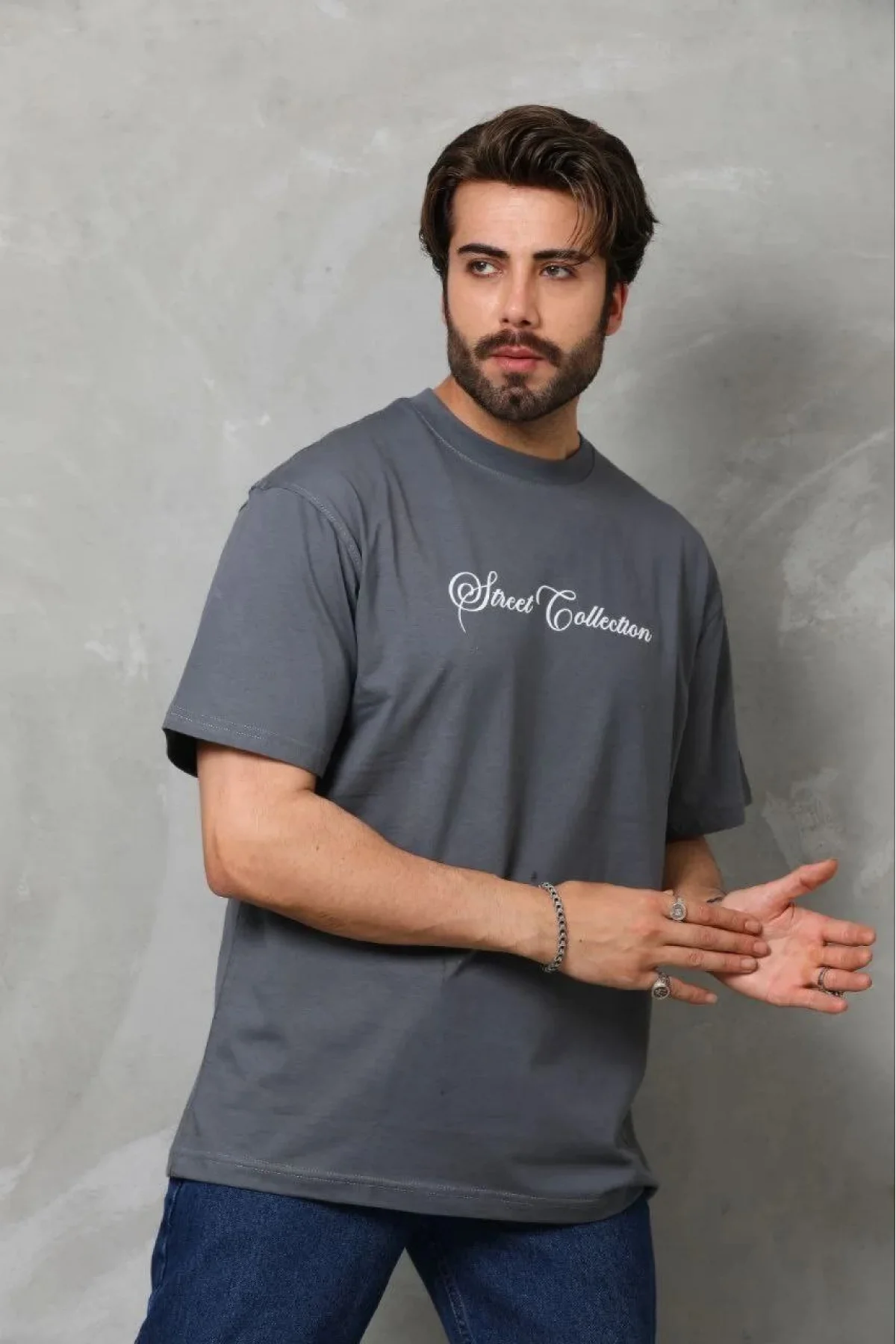 Erkek Baskılı T-Shirt Kısa Kol Bisiklet Yaka Regular Fit Rahat Kalıp Günlük Tişört - Füme