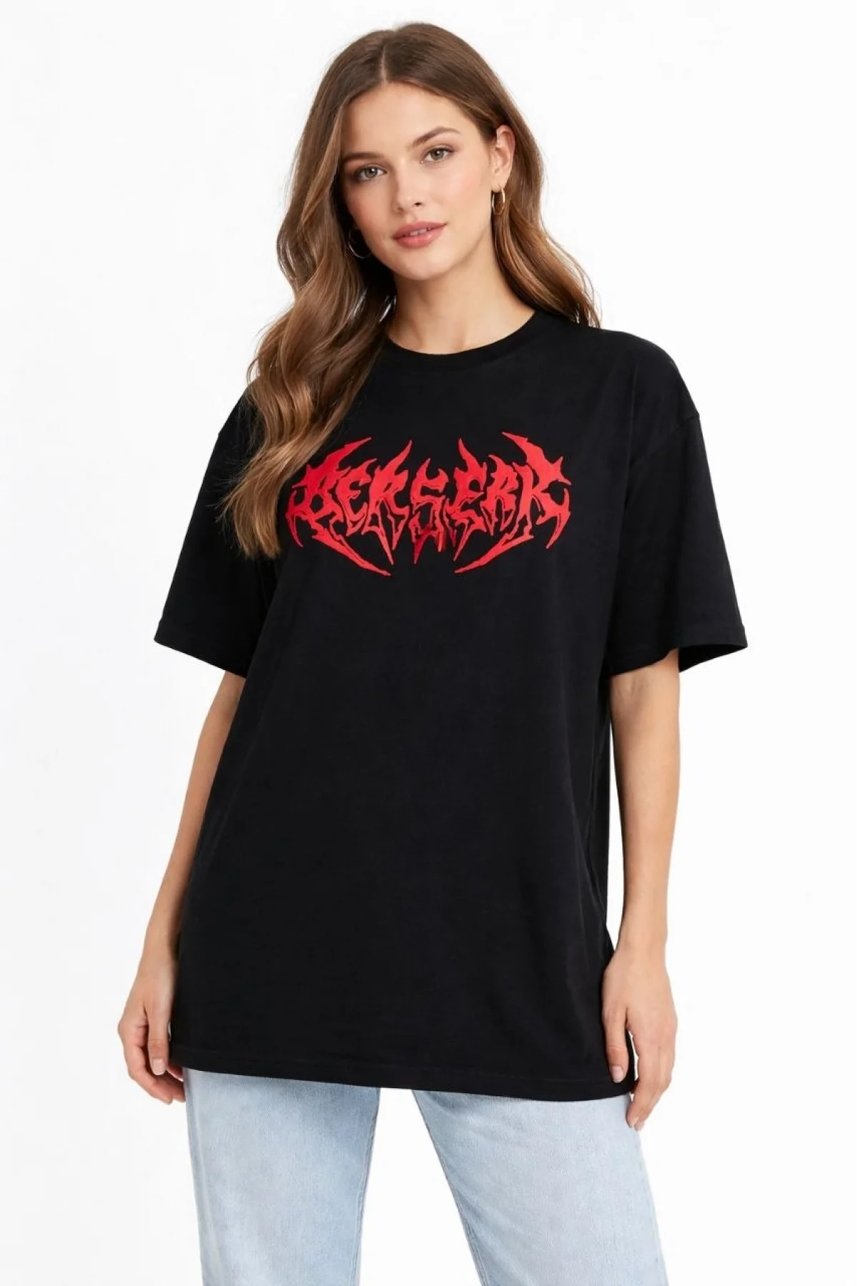 Kadın Kısa Kol Yazlık Tişört Bisiklet Yaka Baskılı Oversize T-Shirt -  Siyah