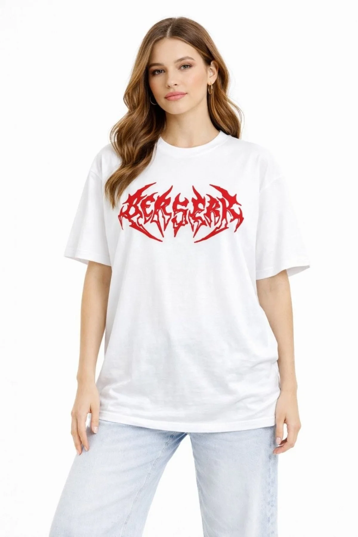 Kadın Kısa Kol Yazlık Tişört Bisiklet Yaka Baskılı Oversize T-Shirt - Beyaz