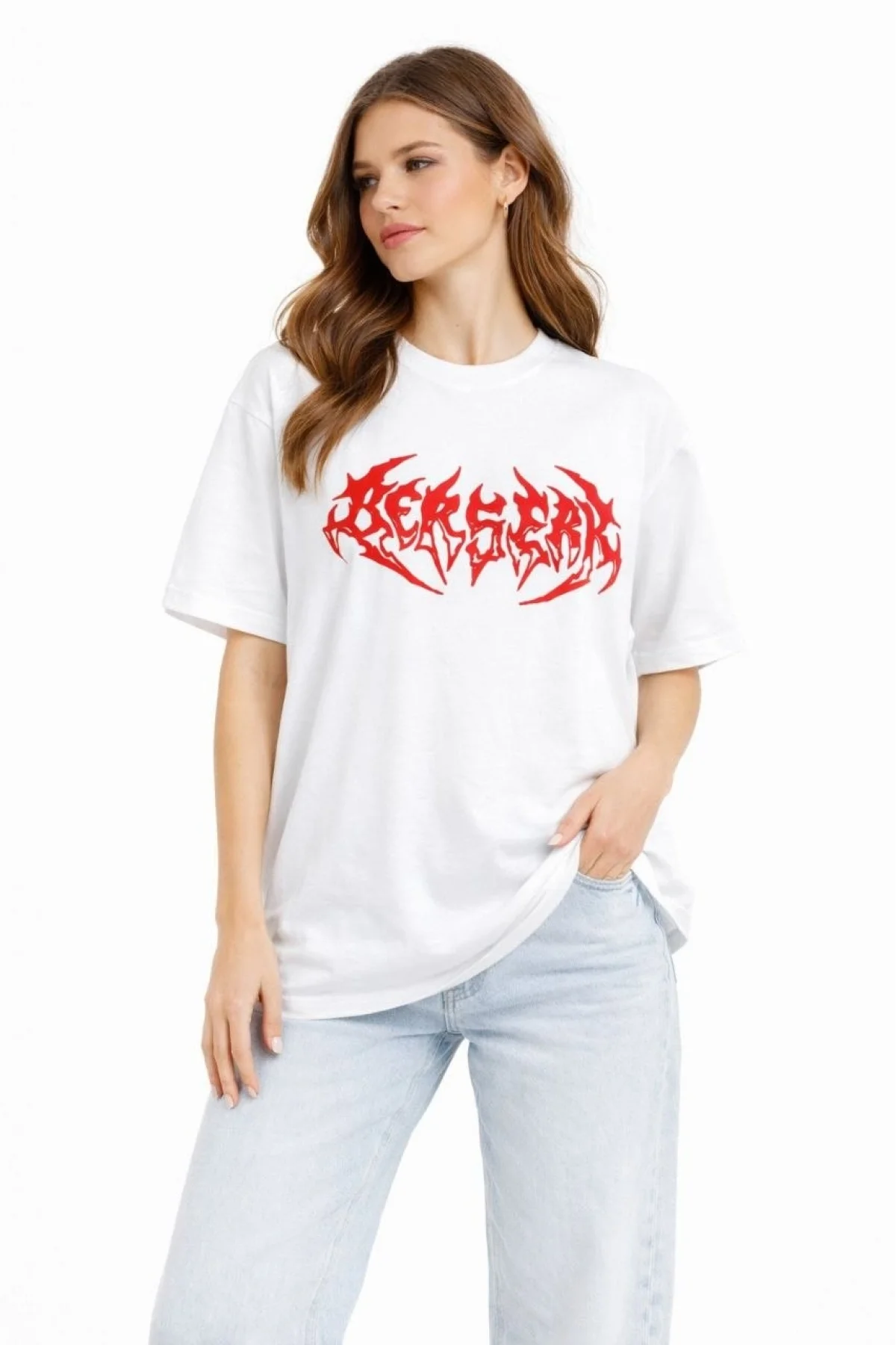 Kadın Kısa Kol Yazlık Tişört Bisiklet Yaka Baskılı Oversize T-Shirt - Beyaz