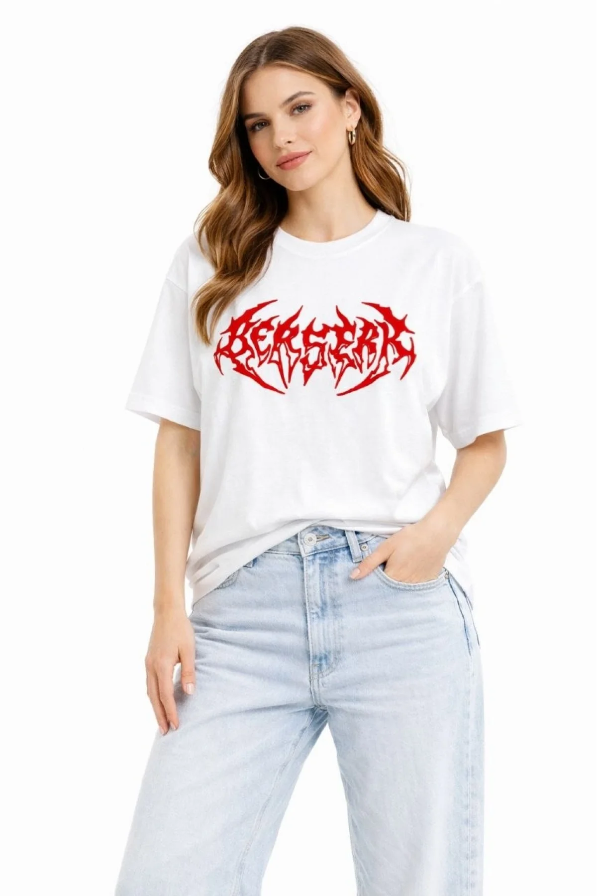 Kadın Kısa Kol Yazlık Tişört Bisiklet Yaka Baskılı Oversize T-Shirt - Beyaz