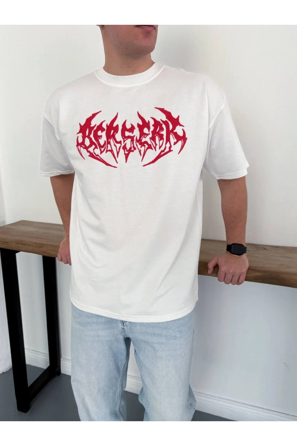 Erkek Kısa Kol Yazlık Tişört Bisiklet Yaka Baskılı Oversize T-Shirt - Beyaz