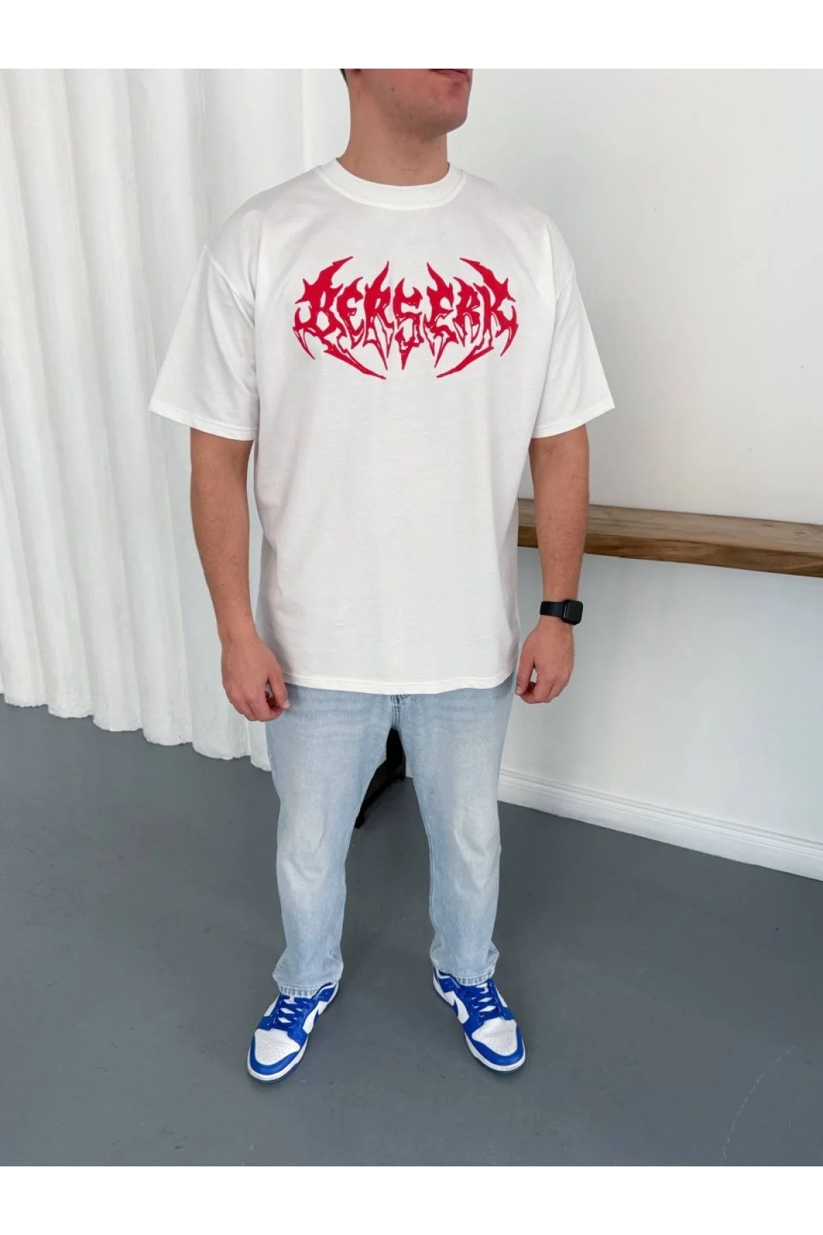 Erkek Kısa Kol Yazlık Tişört Bisiklet Yaka Baskılı Oversize T-Shirt - Beyaz