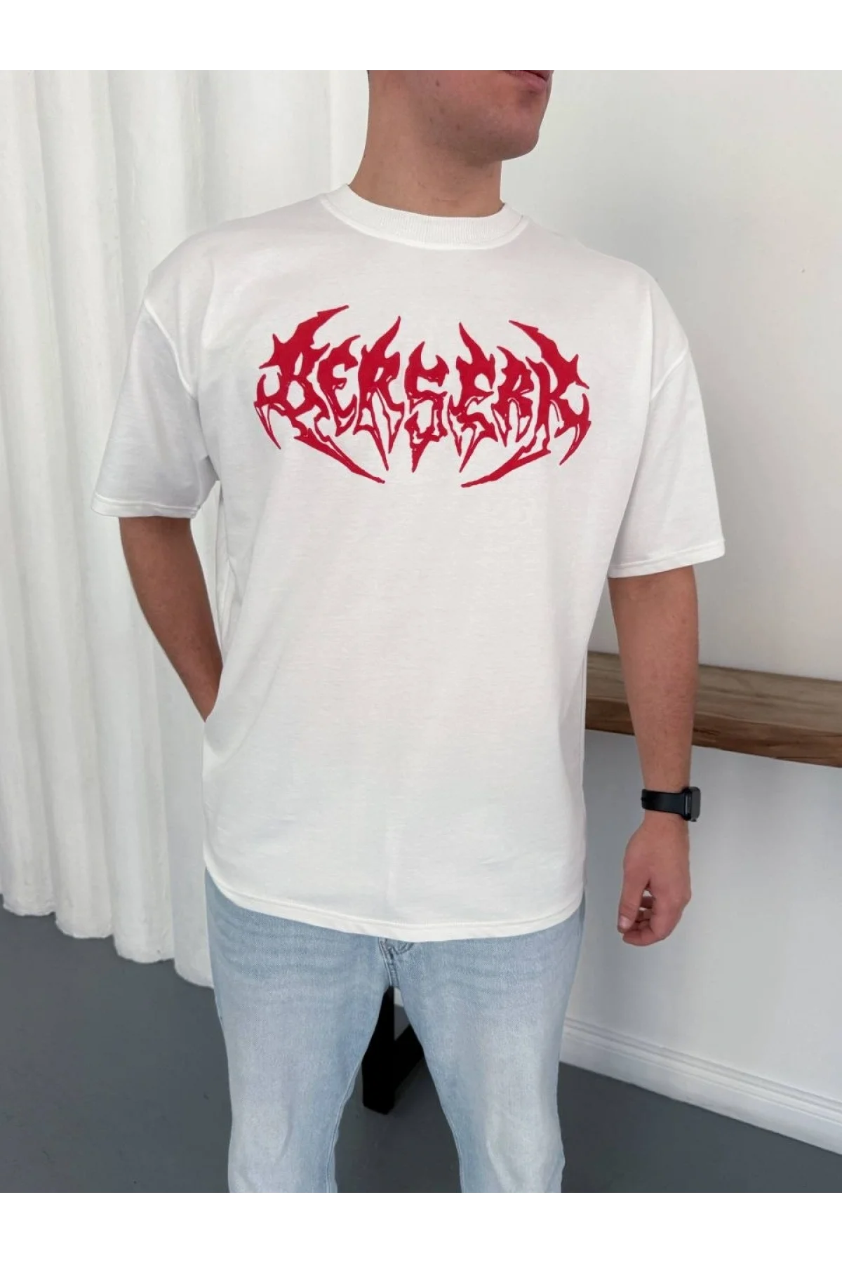 Erkek Kısa Kol Yazlık Tişört Bisiklet Yaka Baskılı Oversize T-Shirt - Beyaz