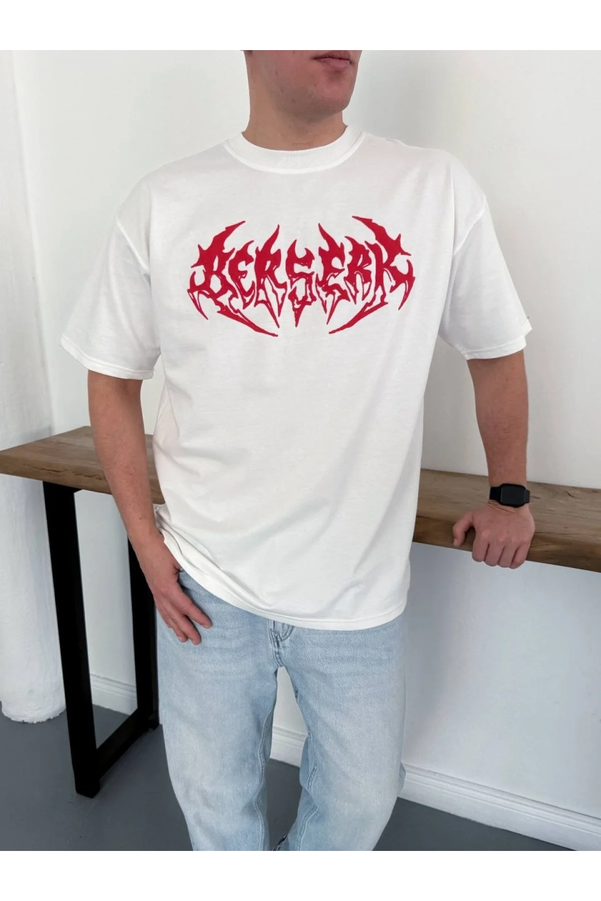 Erkek Kısa Kol Yazlık Tişört Bisiklet Yaka Baskılı Oversize T-Shirt - Beyaz