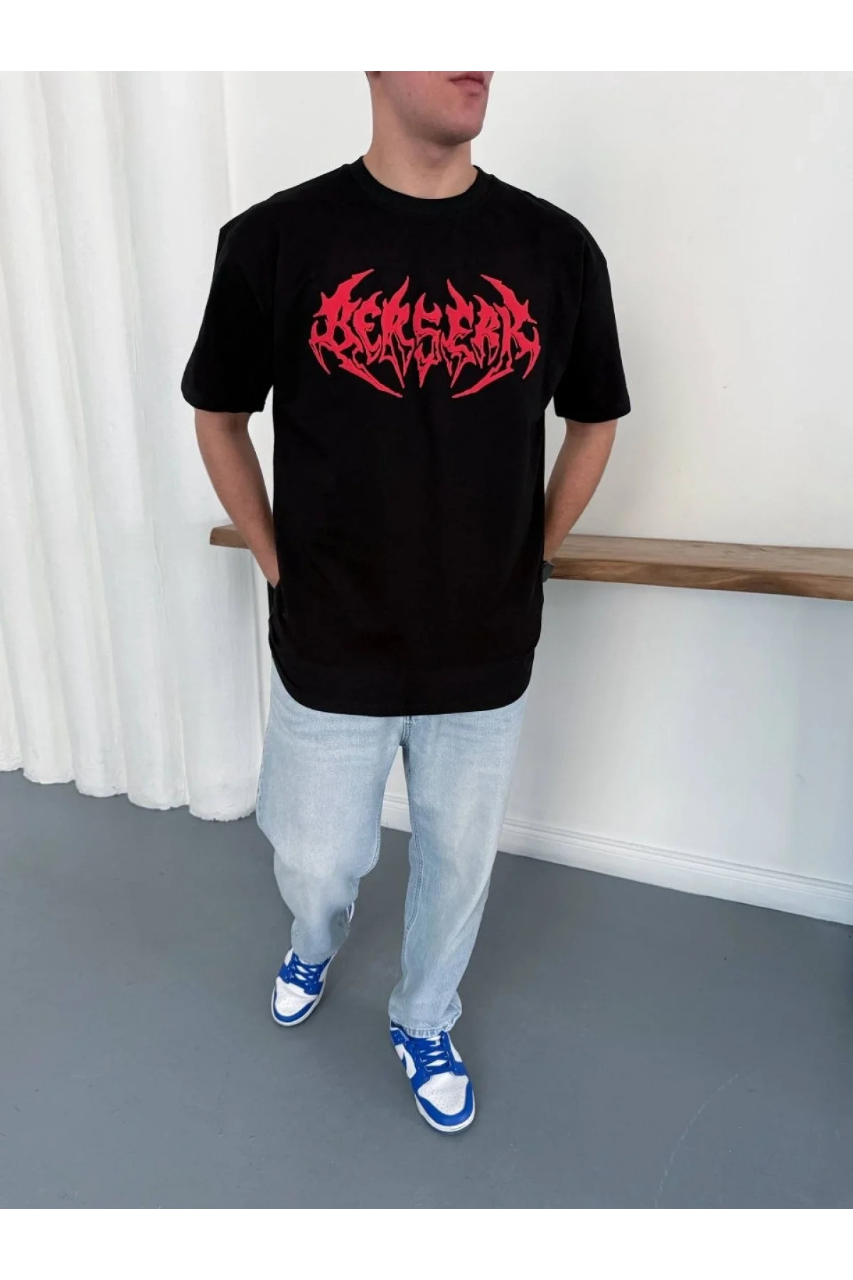 Erkek Kısa Kol Yazlık Tişört Bisiklet Yaka Baskılı Oversize T-Shirt - Siyah