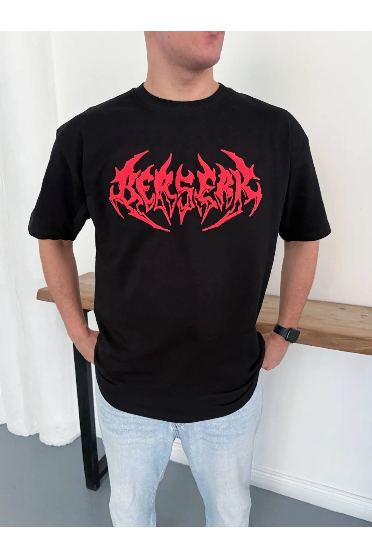 Erkek Kısa Kol Yazlık Tişört Bisiklet Yaka Baskılı Oversize T-Shirt - Siyah