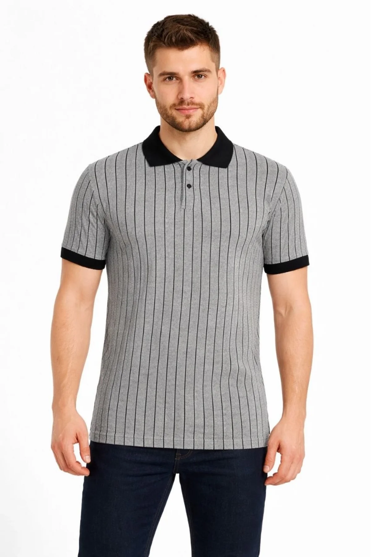 Erkek Polo Yaka Çizgili Tişört Kısa Kol Düğmeli Yazlık T-Shirt - Gri