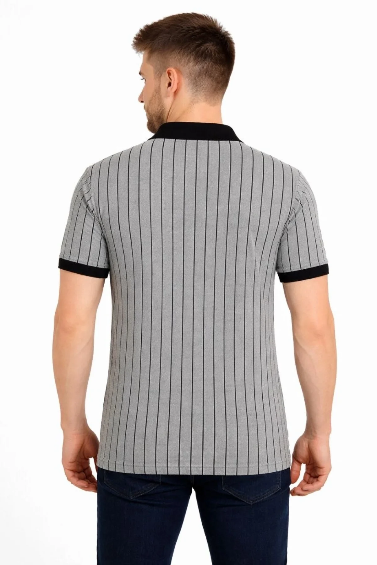 Erkek Polo Yaka Çizgili Tişört Kısa Kol Düğmeli Yazlık T-Shirt - Gri