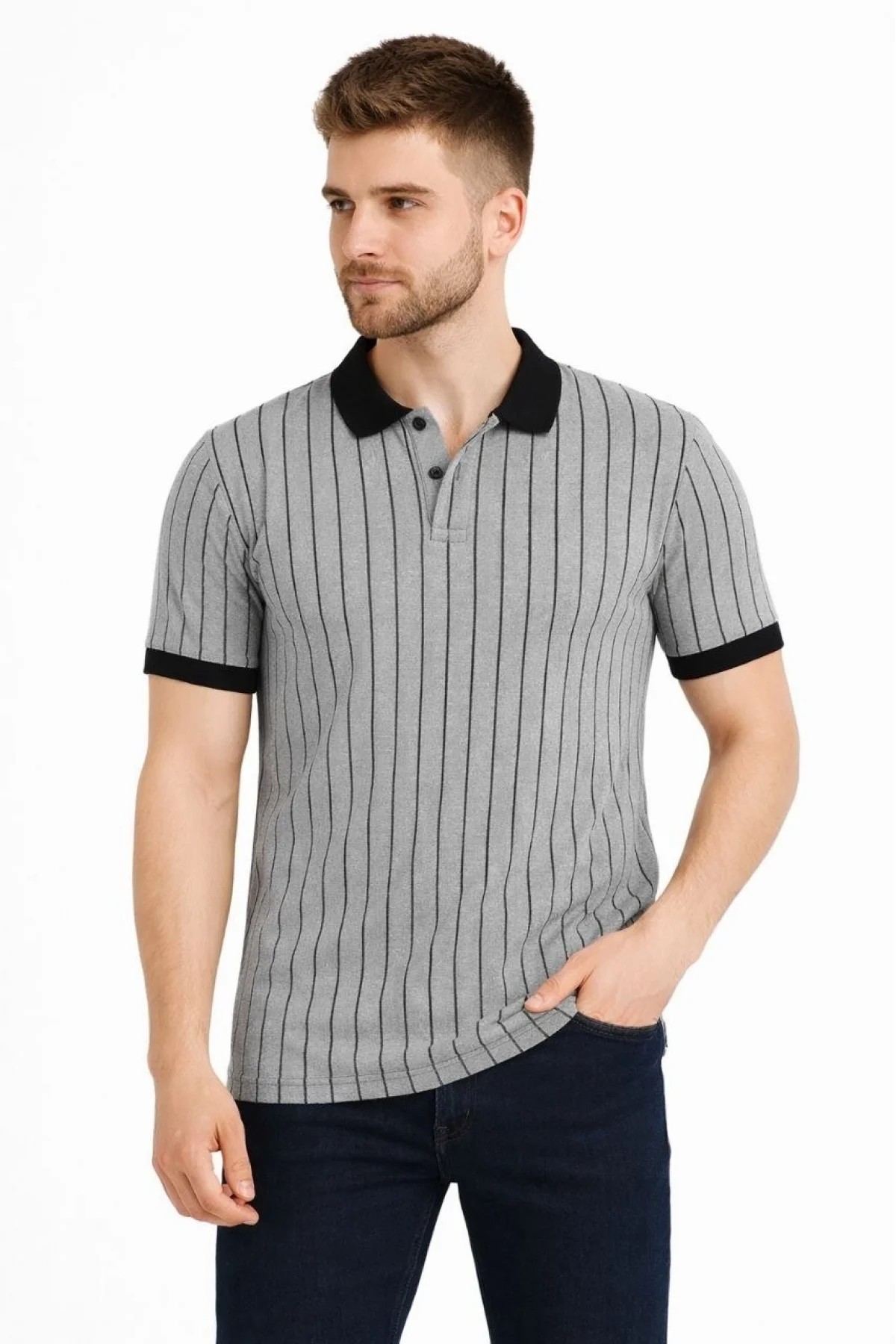 Erkek Polo Yaka Çizgili Tişört Kısa Kol Düğmeli Yazlık T-Shirt - Gri