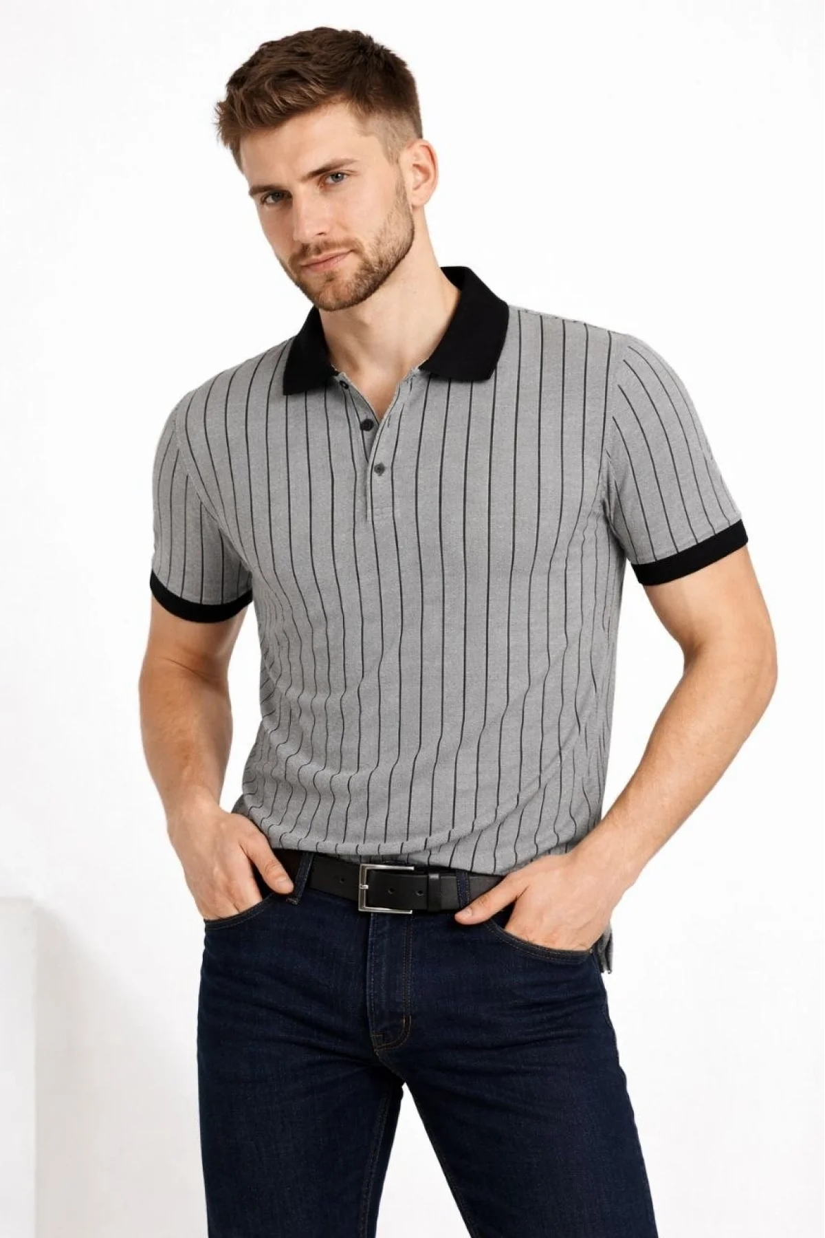 Erkek Polo Yaka Çizgili Tişört Kısa Kol Düğmeli Yazlık T-Shirt - Gri