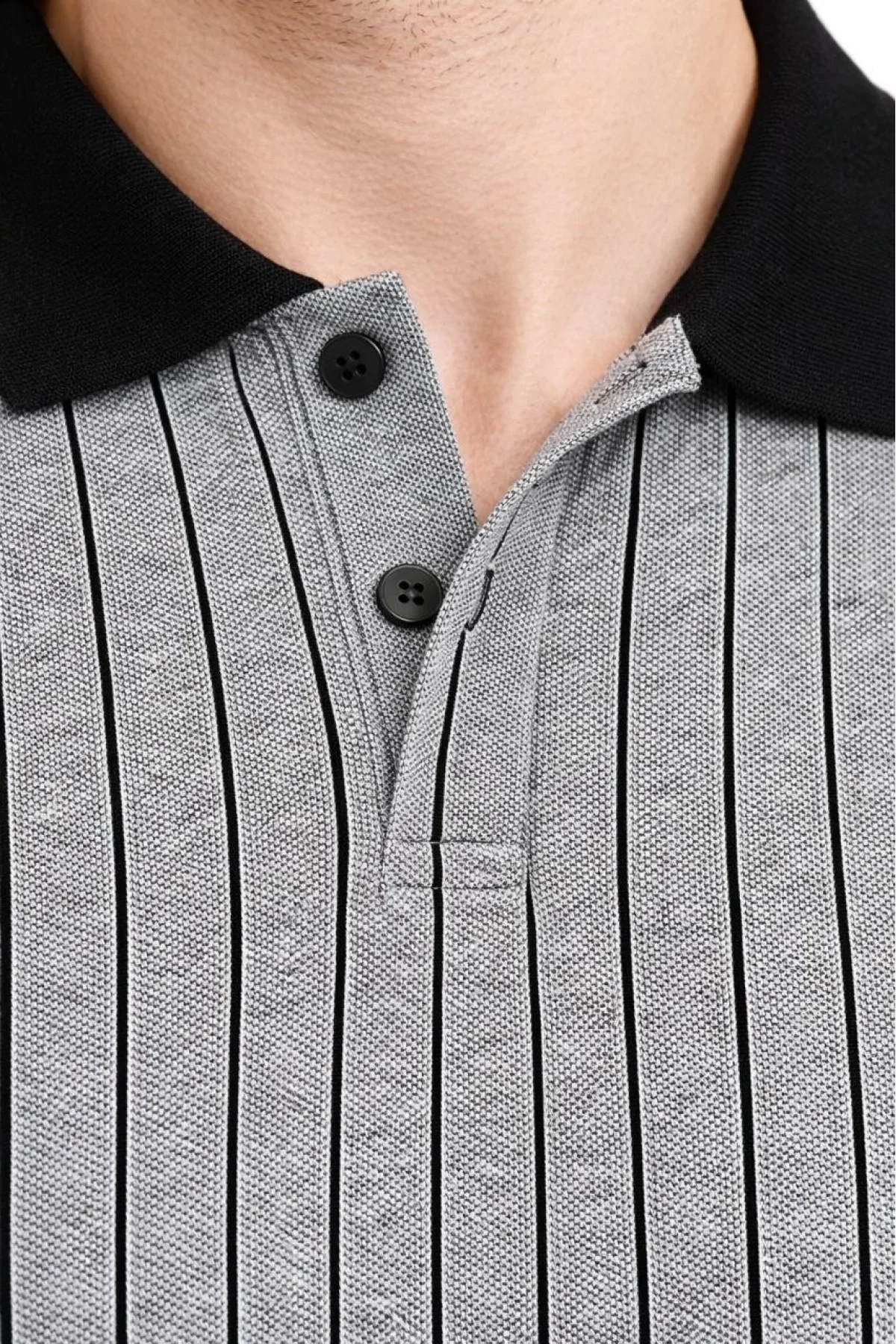 Erkek Polo Yaka Çizgili Tişört Kısa Kol Düğmeli Yazlık T-Shirt - Gri