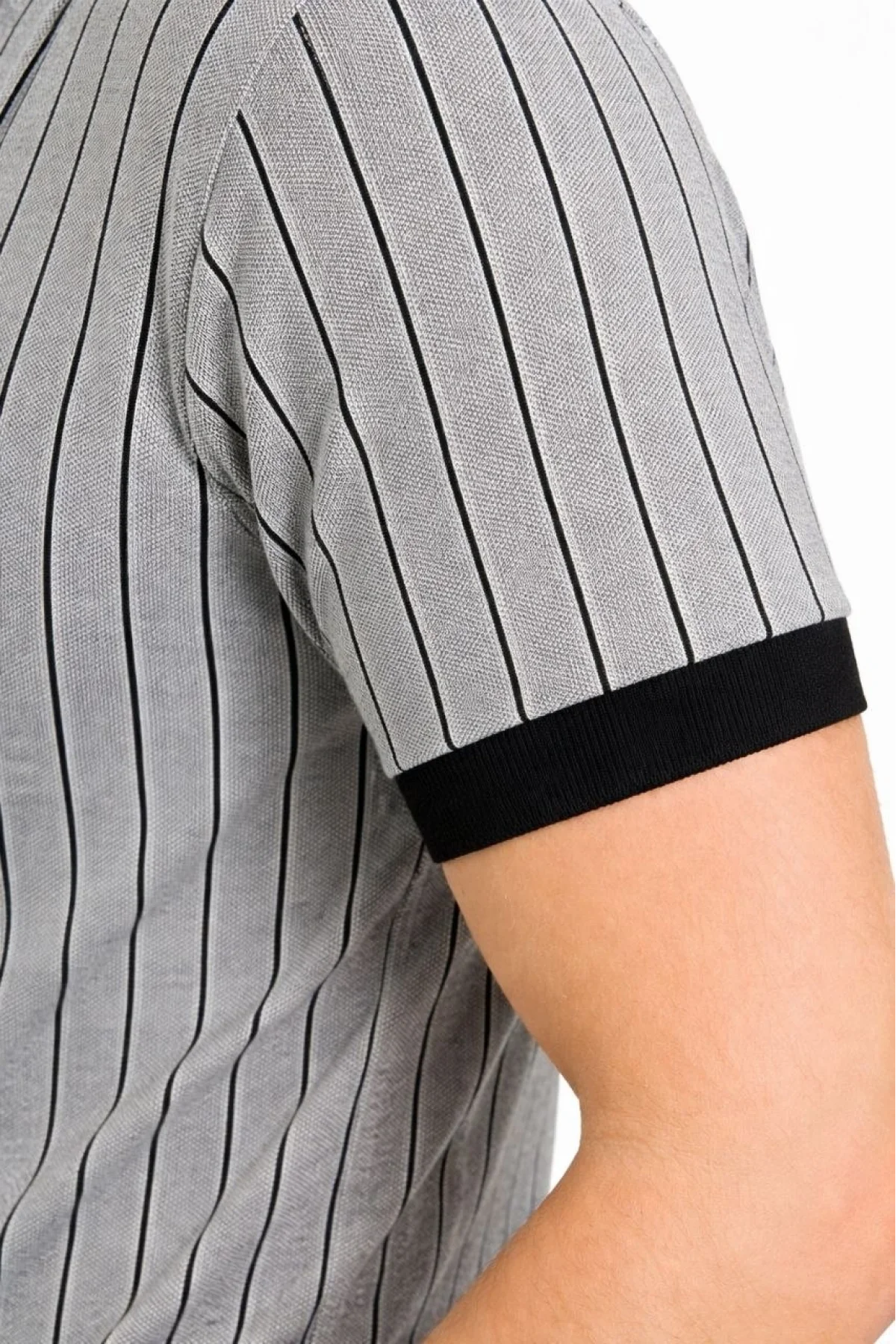 Erkek Polo Yaka Çizgili Tişört Kısa Kol Düğmeli Yazlık T-Shirt - Gri