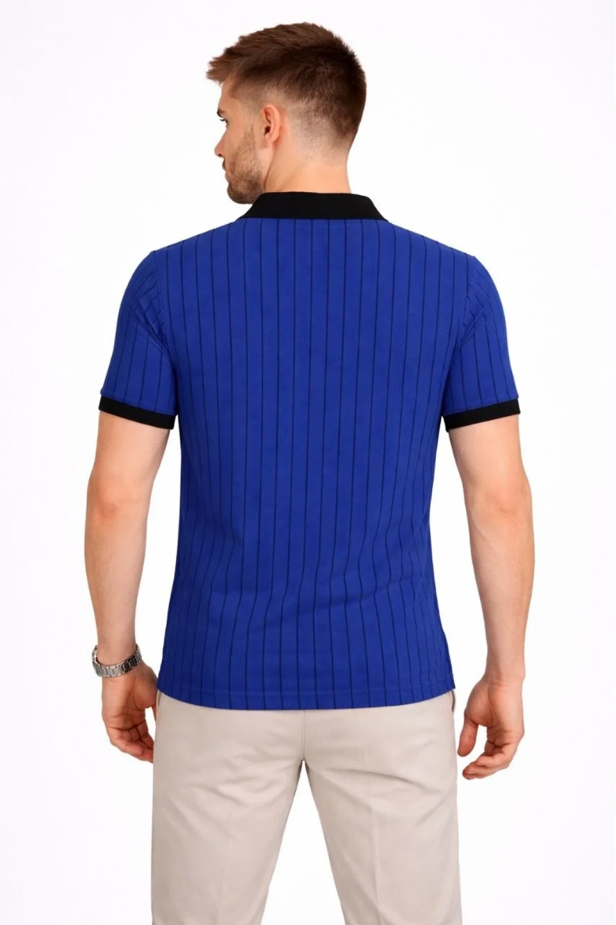 Erkek Polo Yaka Çizgili Tişört Kısa Kol Düğmeli Yazlık T-Shirt - Saks Mavisi