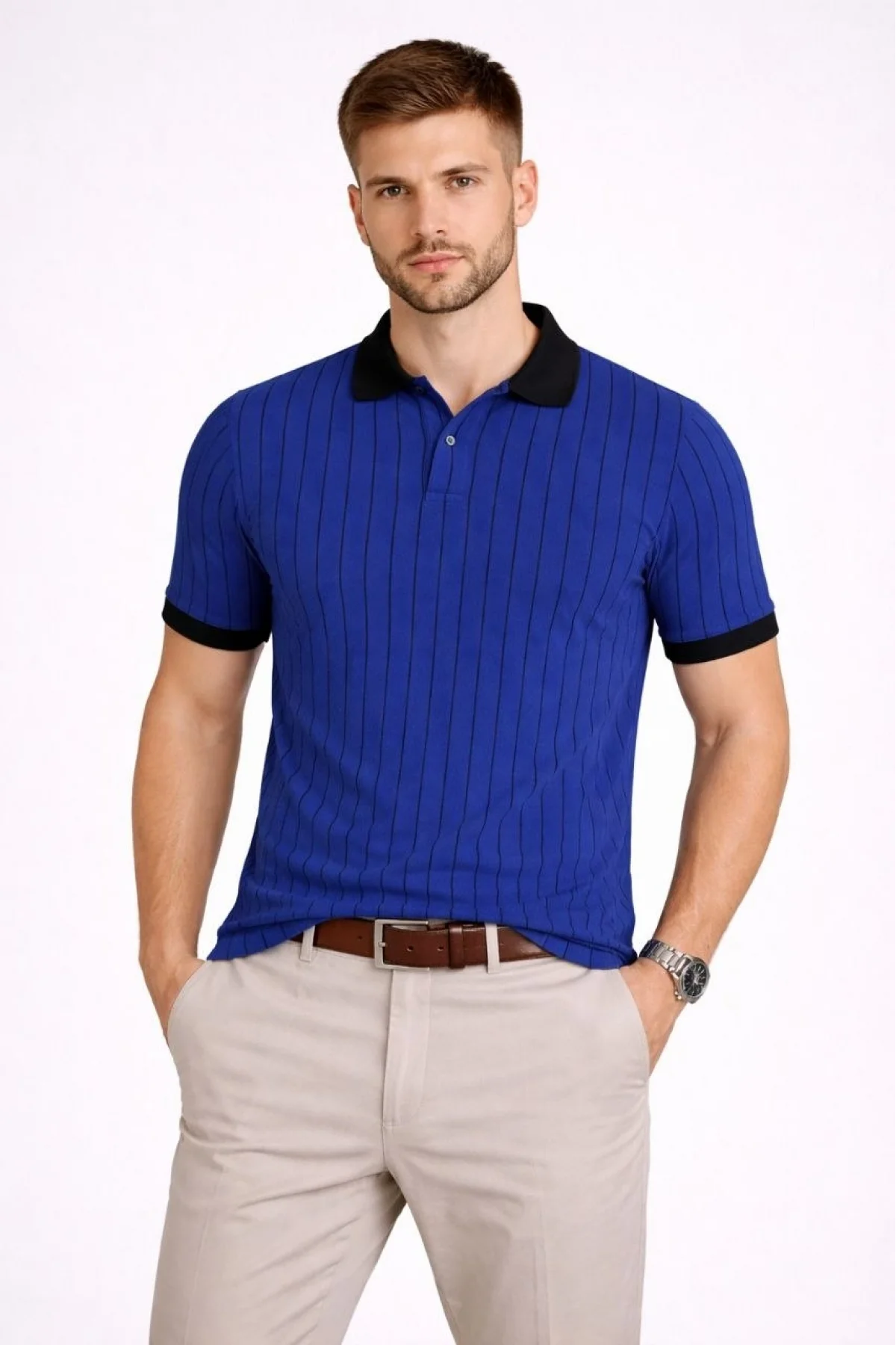 Erkek Polo Yaka Çizgili Tişört Kısa Kol Düğmeli Yazlık T-Shirt - Saks Mavisi