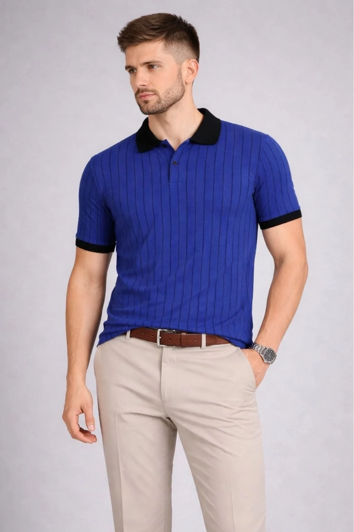 Erkek Polo Yaka Çizgili Tişört Kısa Kol Düğmeli Yazlık T-Shirt - Saks Mavisi