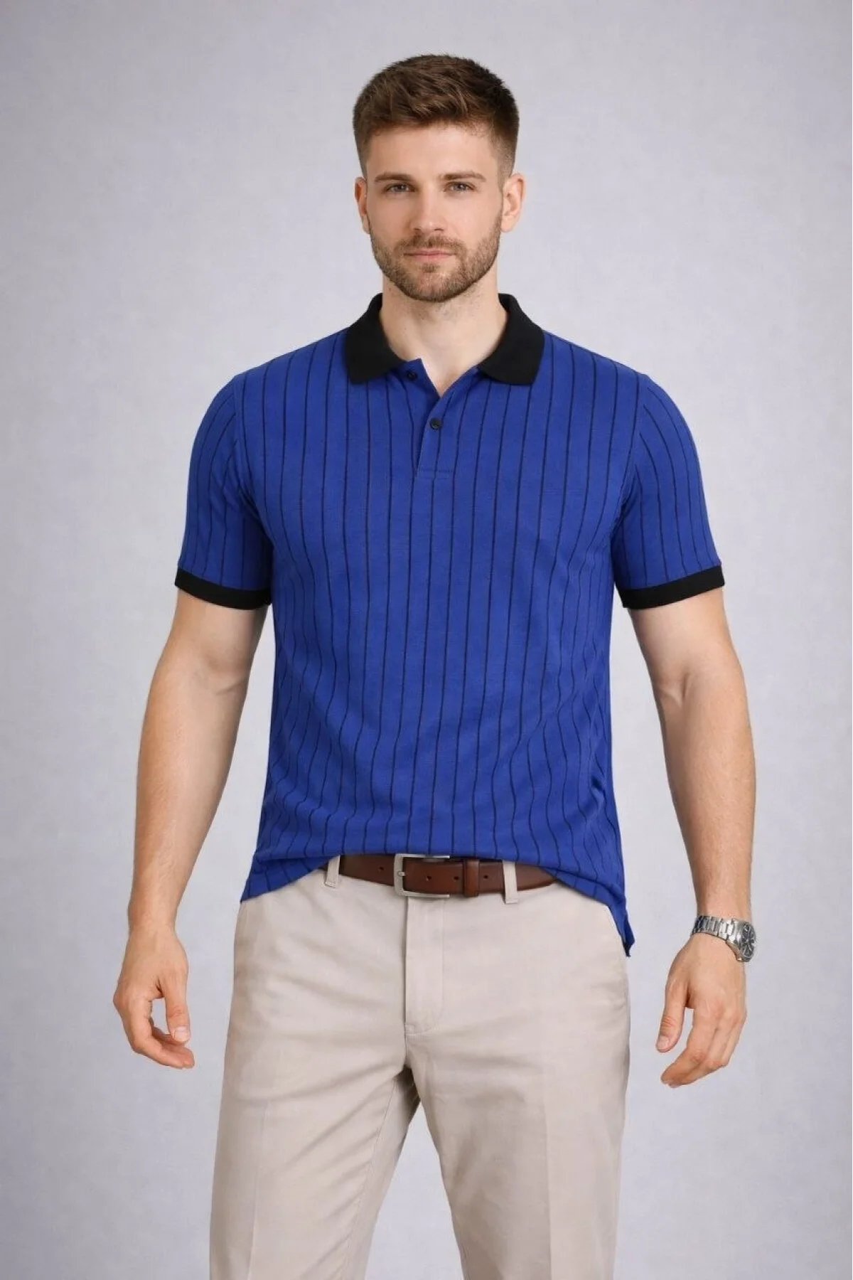 Erkek Polo Yaka Çizgili Tişört Kısa Kol Düğmeli Yazlık T-Shirt - Saks Mavisi