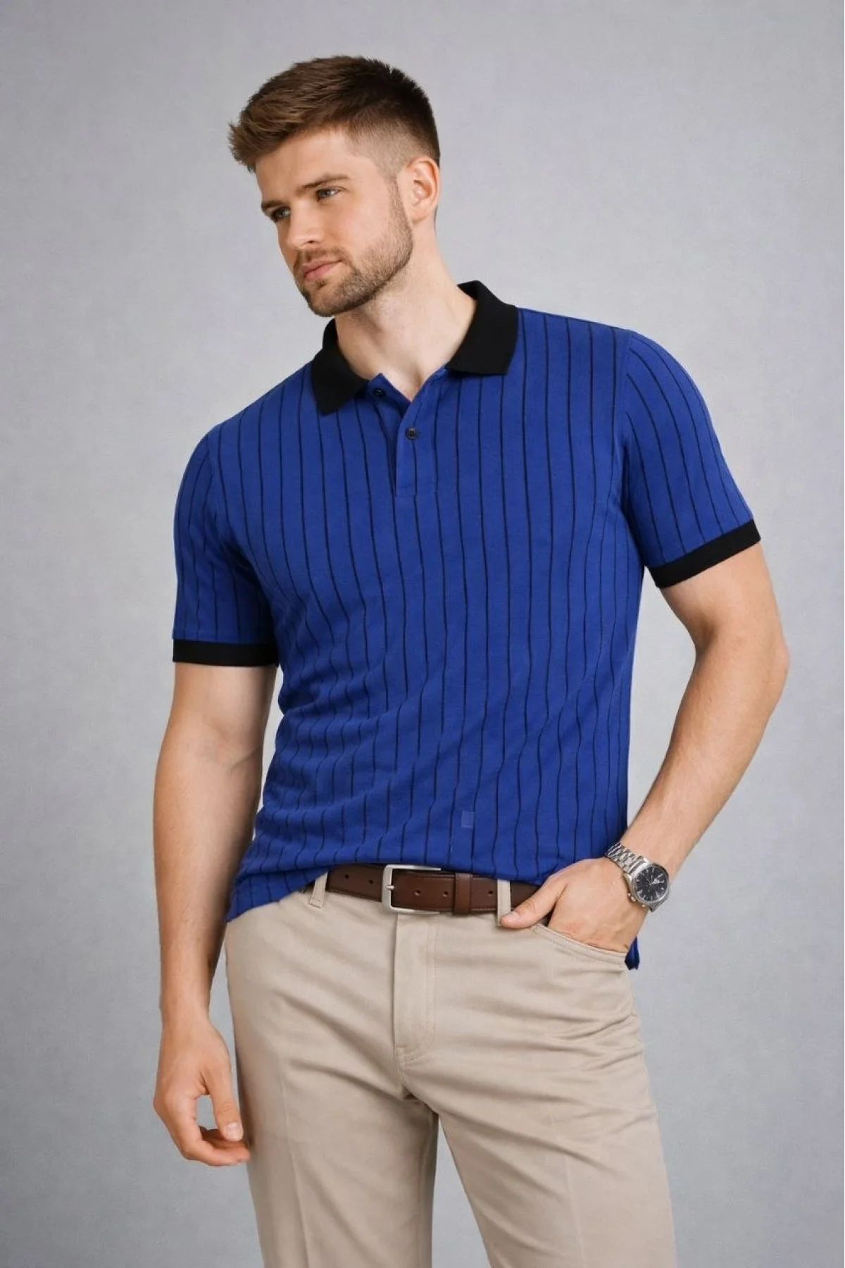 Erkek Polo Yaka Çizgili Tişört Kısa Kol Düğmeli Yazlık T-Shirt - Saks Mavisi