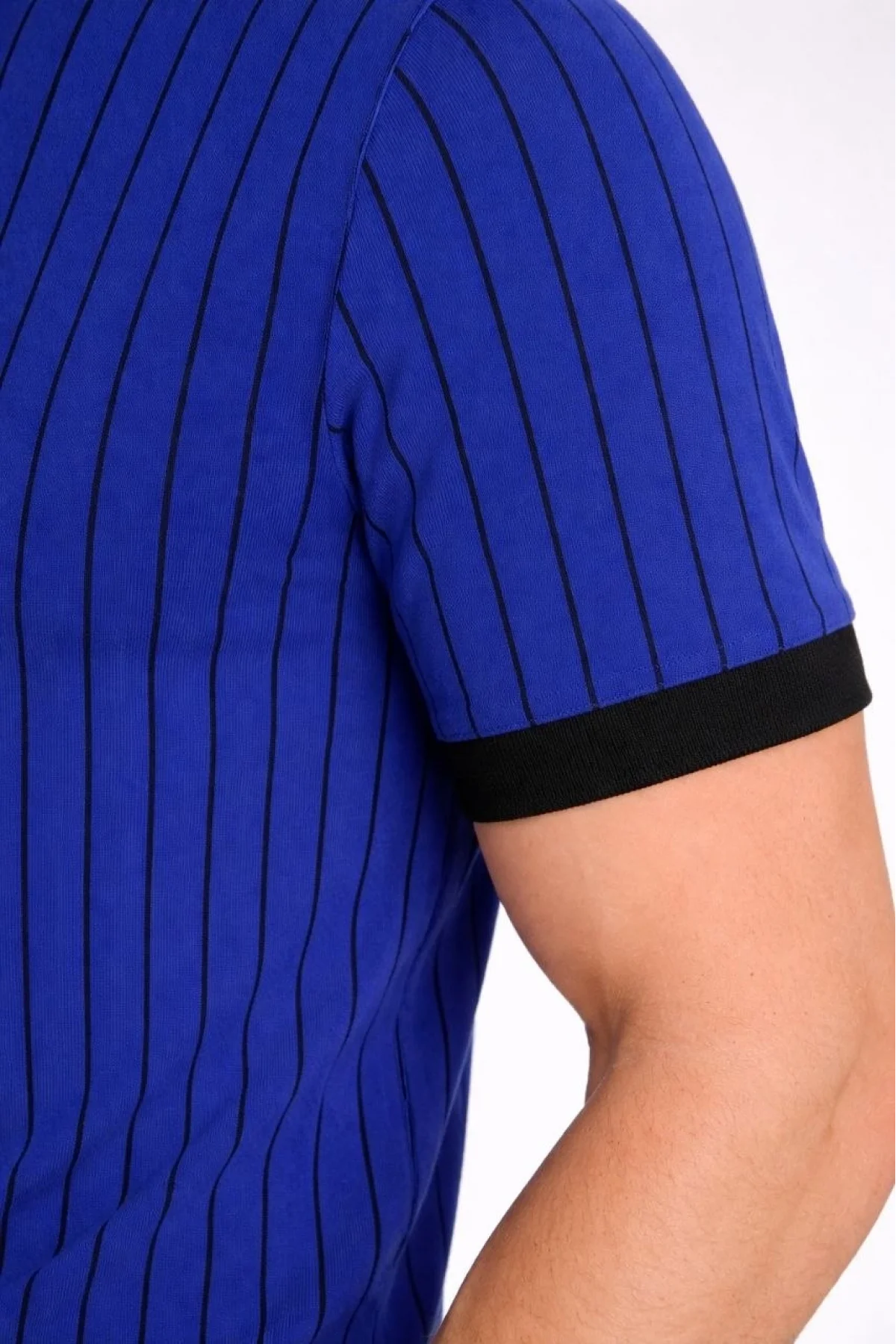 Erkek Polo Yaka Çizgili Tişört Kısa Kol Düğmeli Yazlık T-Shirt - Saks Mavisi