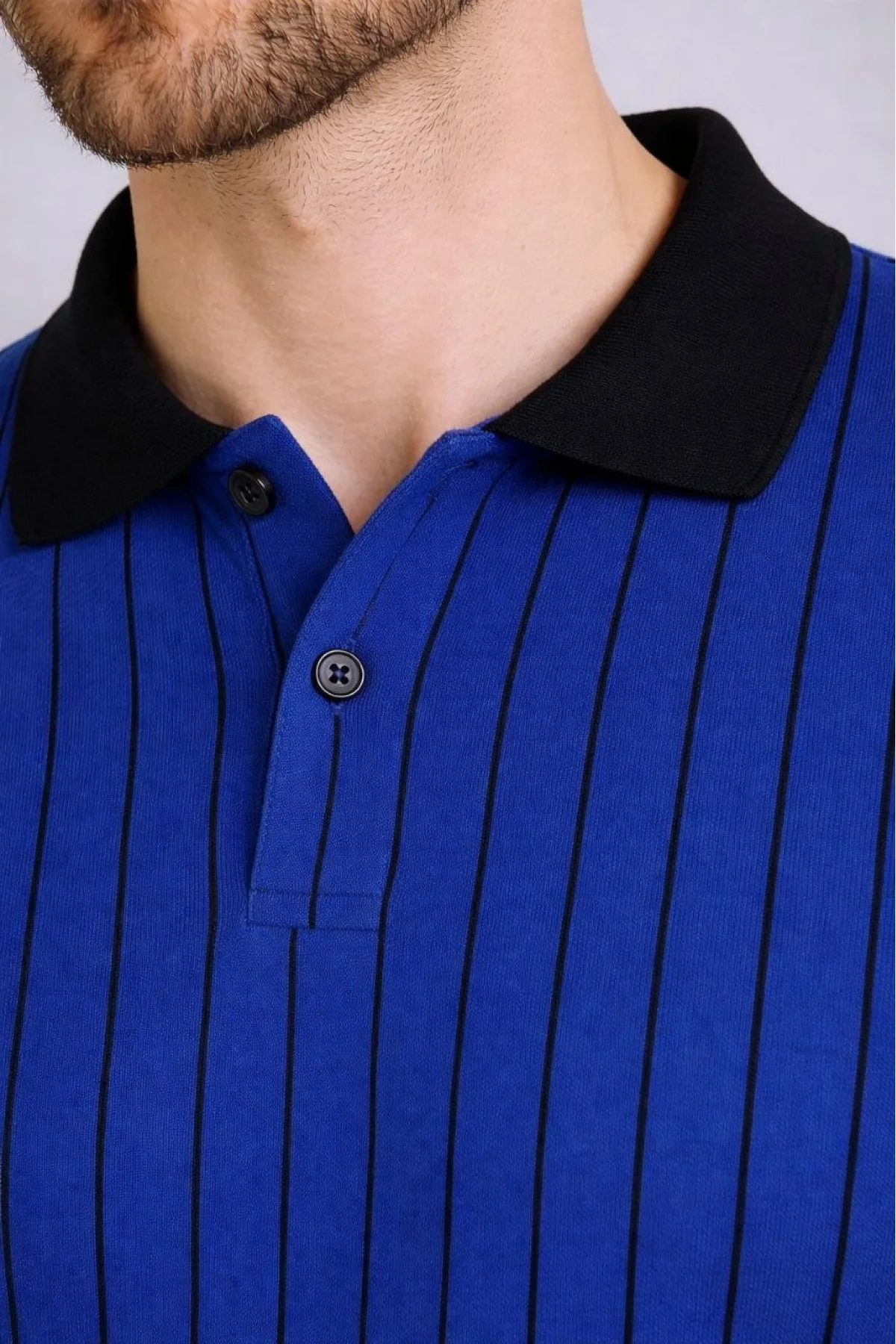 Erkek Polo Yaka Çizgili Tişört Kısa Kol Düğmeli Yazlık T-Shirt - Saks Mavisi