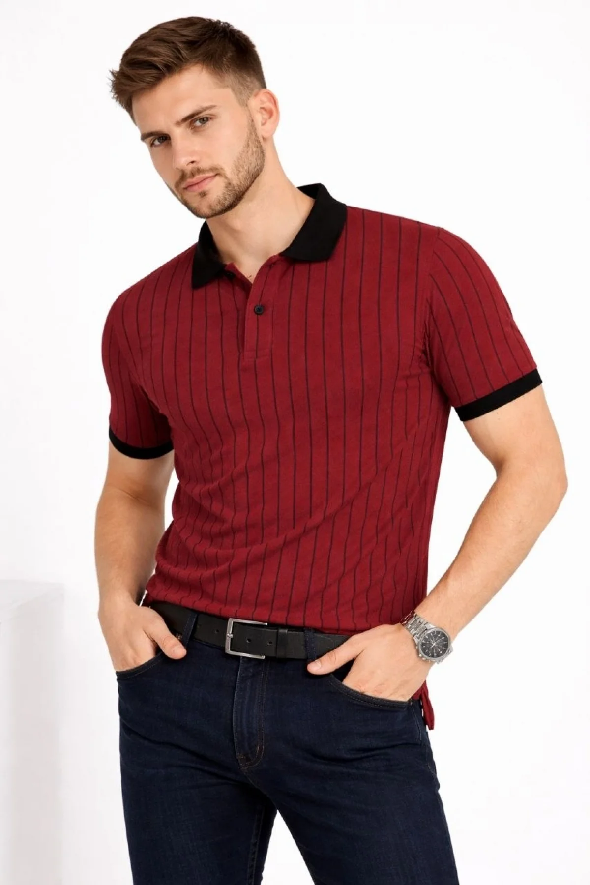 Erkek Polo Yaka Çizgili Tişört Kısa Kol Düğmeli Yazlık T-Shirt - Bordo
