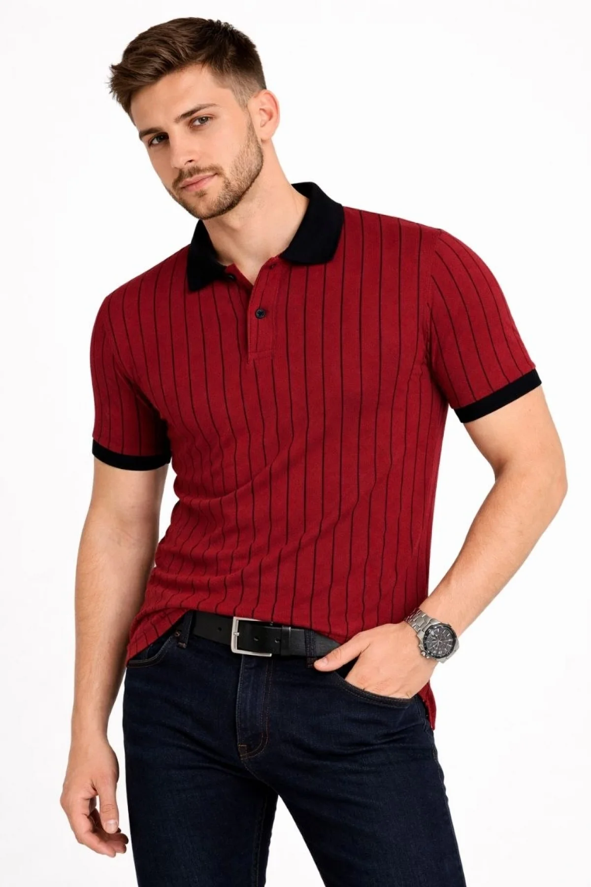 Erkek Polo Yaka Çizgili Tişört Kısa Kol Düğmeli Yazlık T-Shirt - Bordo