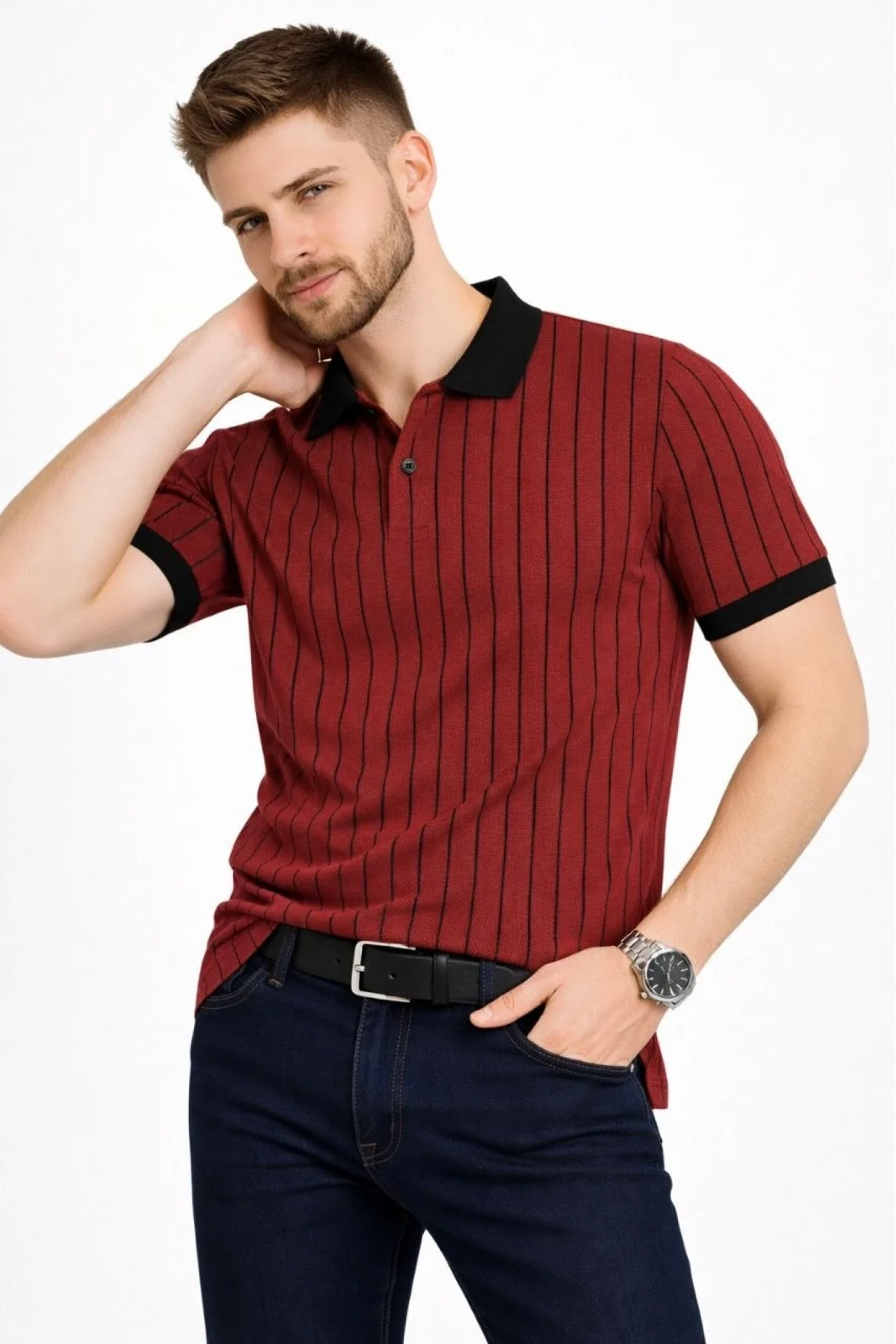 Erkek Polo Yaka Çizgili Tişört Kısa Kol Düğmeli Yazlık T-Shirt - Bordo