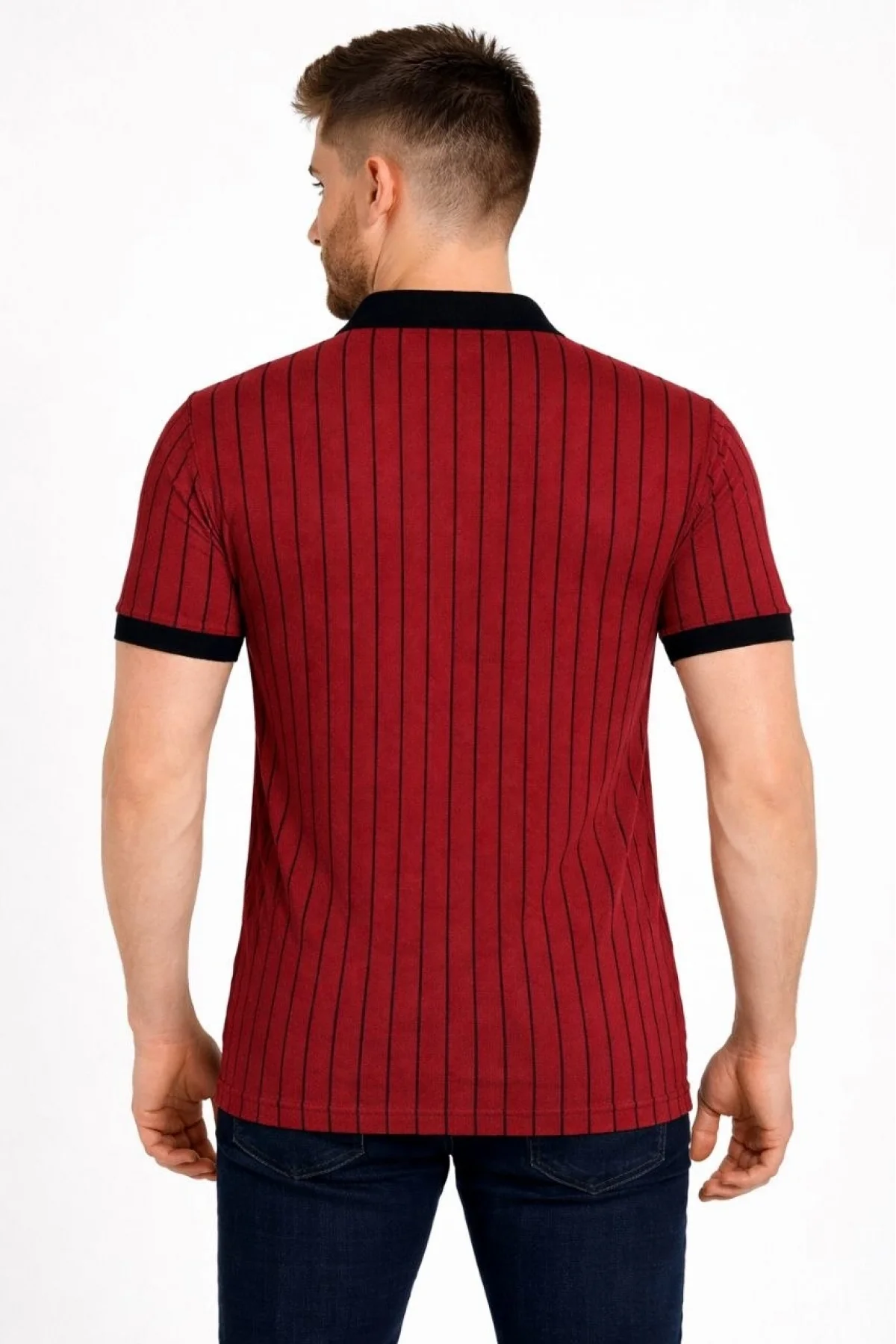 Erkek Polo Yaka Çizgili Tişört Kısa Kol Düğmeli Yazlık T-Shirt - Bordo