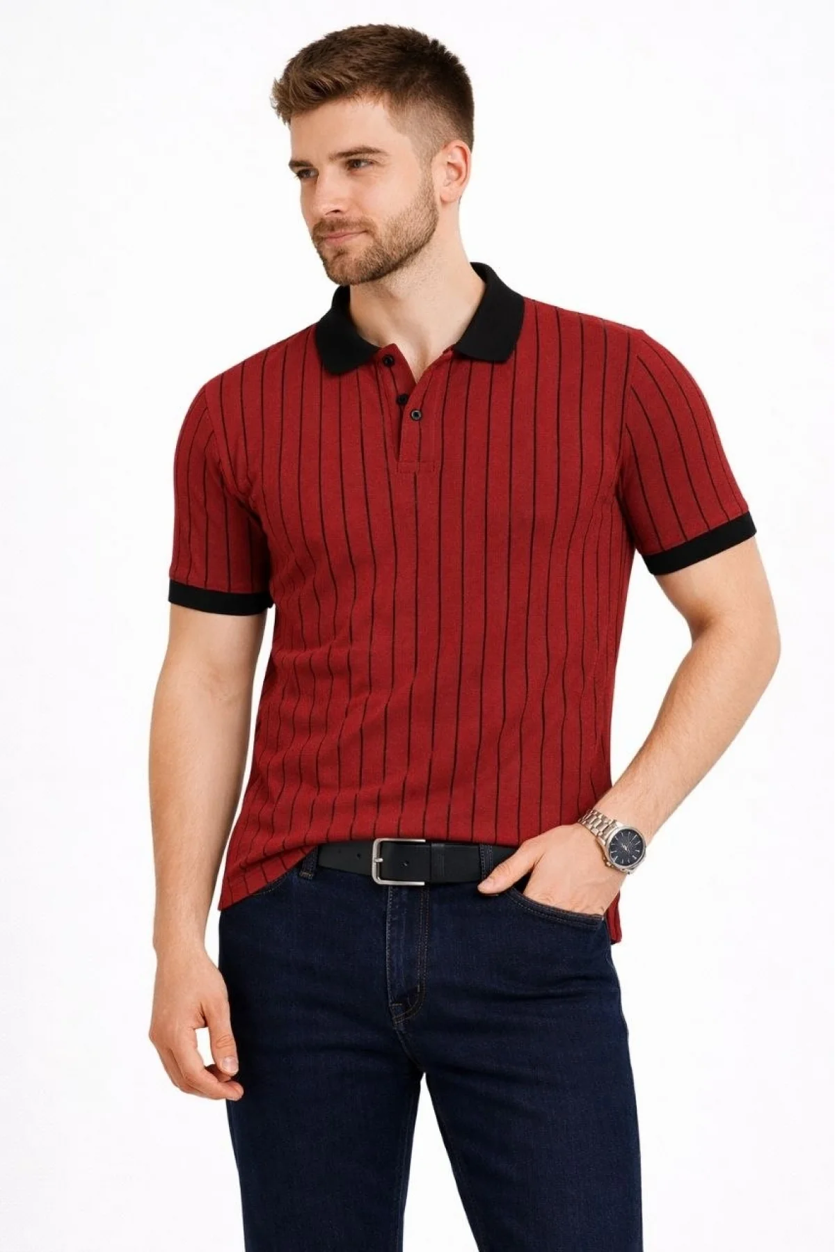 Erkek Polo Yaka Çizgili Tişört Kısa Kol Düğmeli Yazlık T-Shirt - Bordo