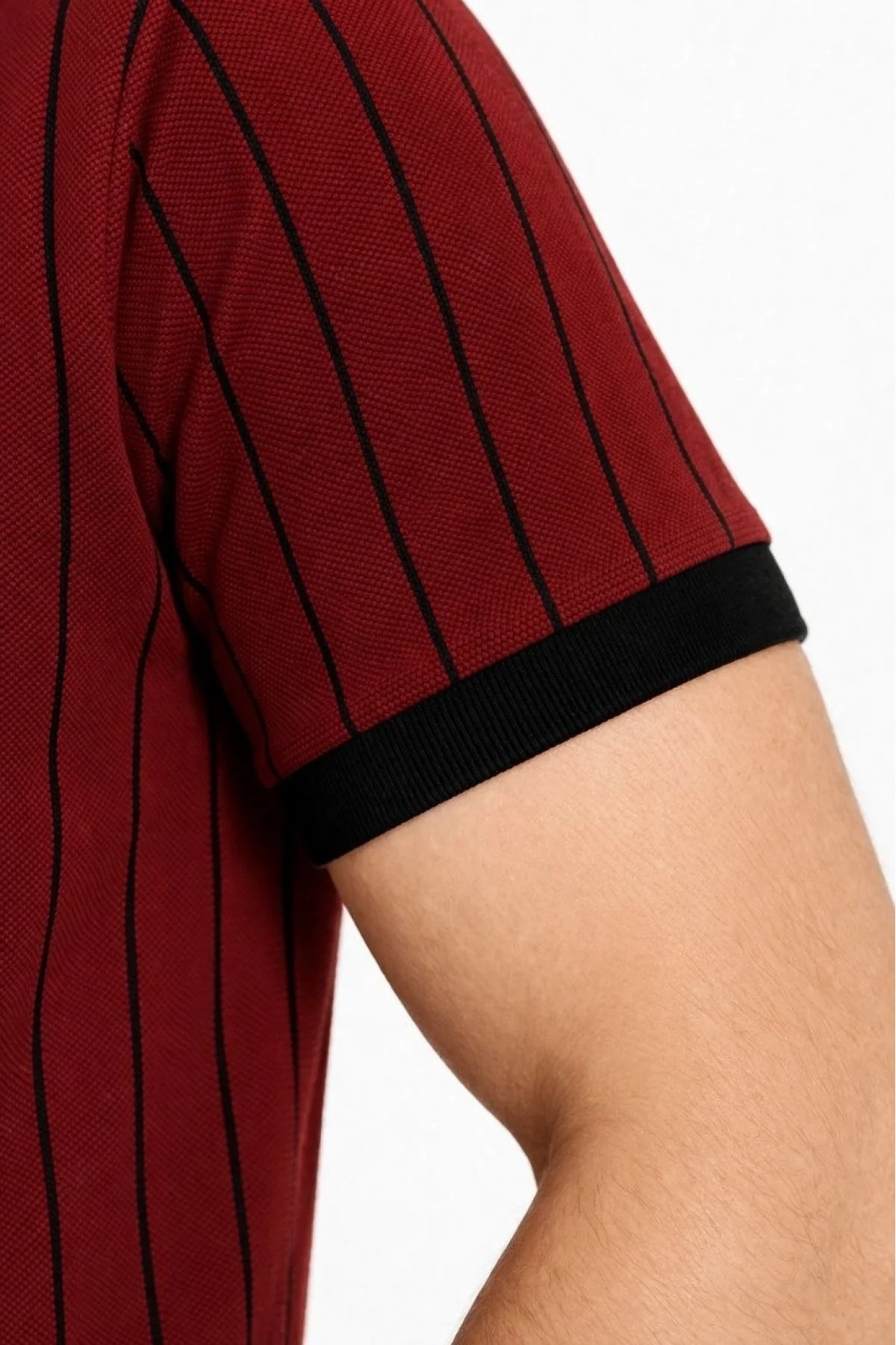 Erkek Polo Yaka Çizgili Tişört Kısa Kol Düğmeli Yazlık T-Shirt - Bordo