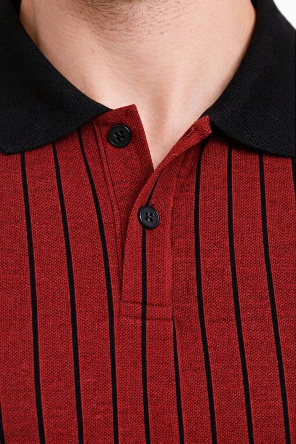 Erkek Polo Yaka Çizgili Tişört Kısa Kol Düğmeli Yazlık T-Shirt - Bordo