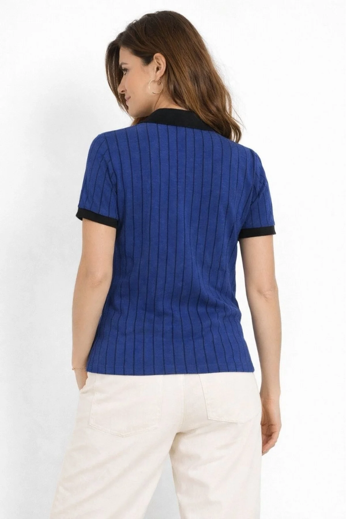 Kadın Polo Yaka Çizgili Tişört Kısa Kol Düğmeli Yazlık T-Shirt - Saks Mavisi