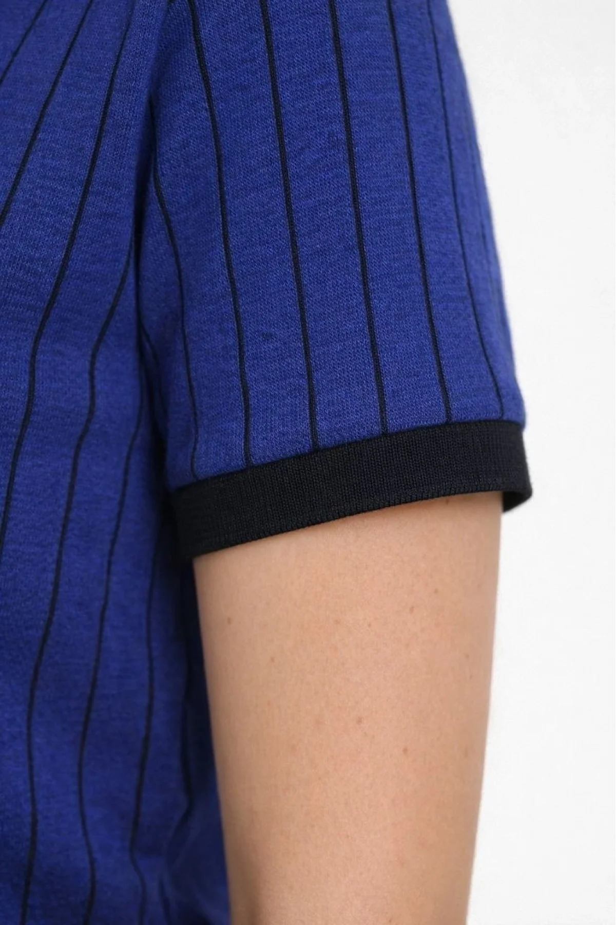 Kadın Polo Yaka Çizgili Tişört Kısa Kol Düğmeli Yazlık T-Shirt - Saks Mavisi