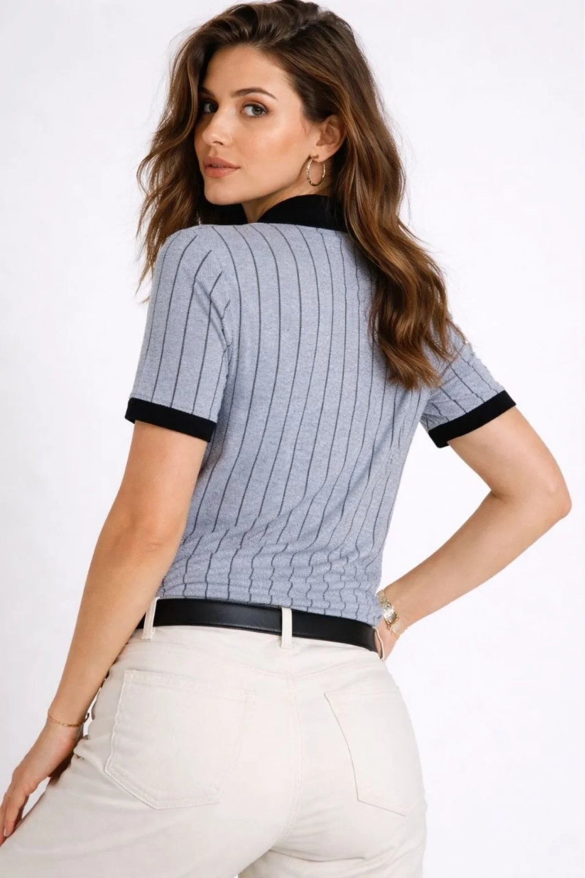 Kadın Polo Yaka Çizgili Tişört Kısa Kol Düğmeli Yazlık T-Shirt - Bebek Mavisi