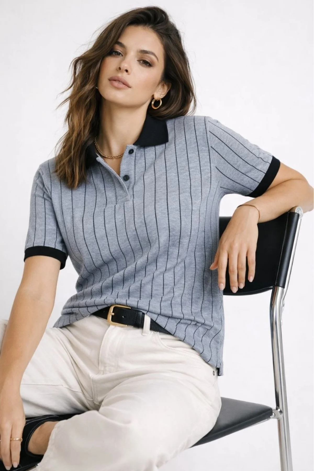 Kadın Polo Yaka Çizgili Tişört Kısa Kol Düğmeli Yazlık T-Shirt - Bebek Mavisi