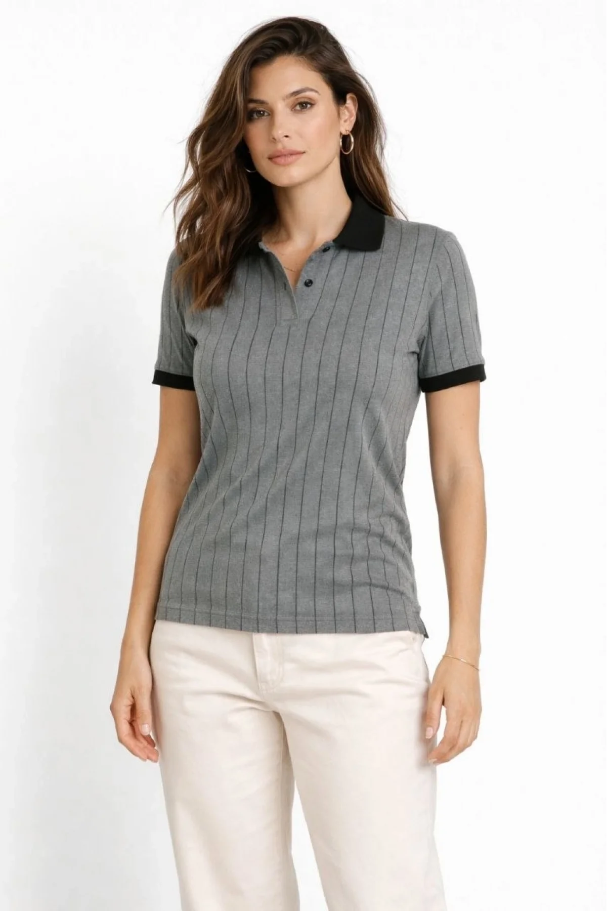 Kadın Polo Yaka Çizgili Tişört Kısa Kol Düğmeli Yazlık T-Shirt - Gri
