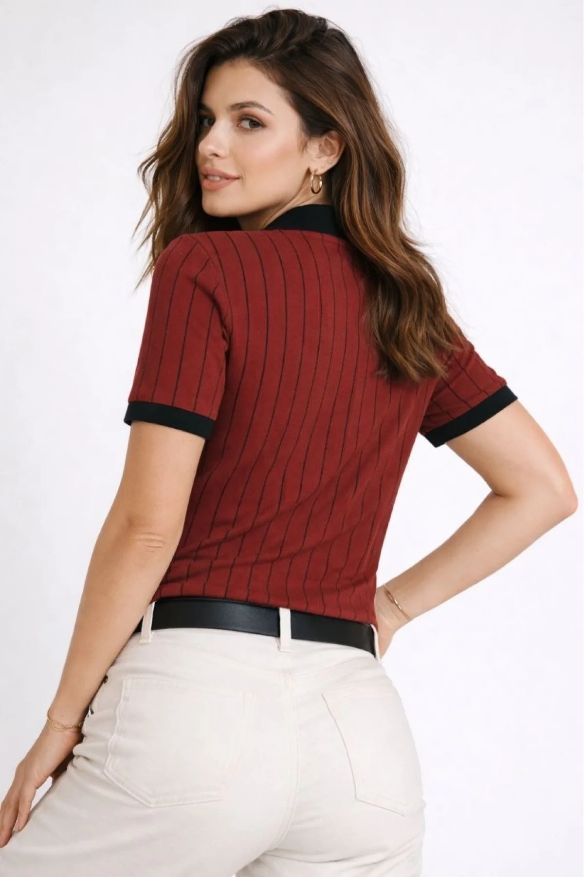 Kadın Polo Yaka Çizgili Tişört Kısa Kol Düğmeli Yazlık T-Shirt - Bordo