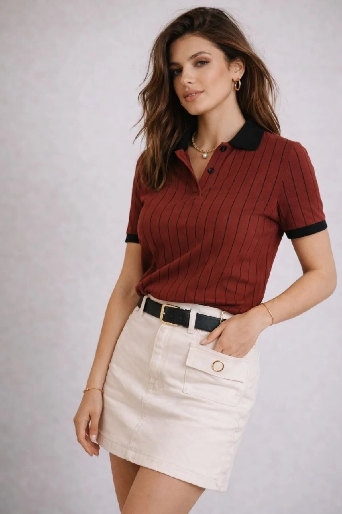 Kadın Polo Yaka Çizgili Tişört Kısa Kol Düğmeli Yazlık T-Shirt - Bordo