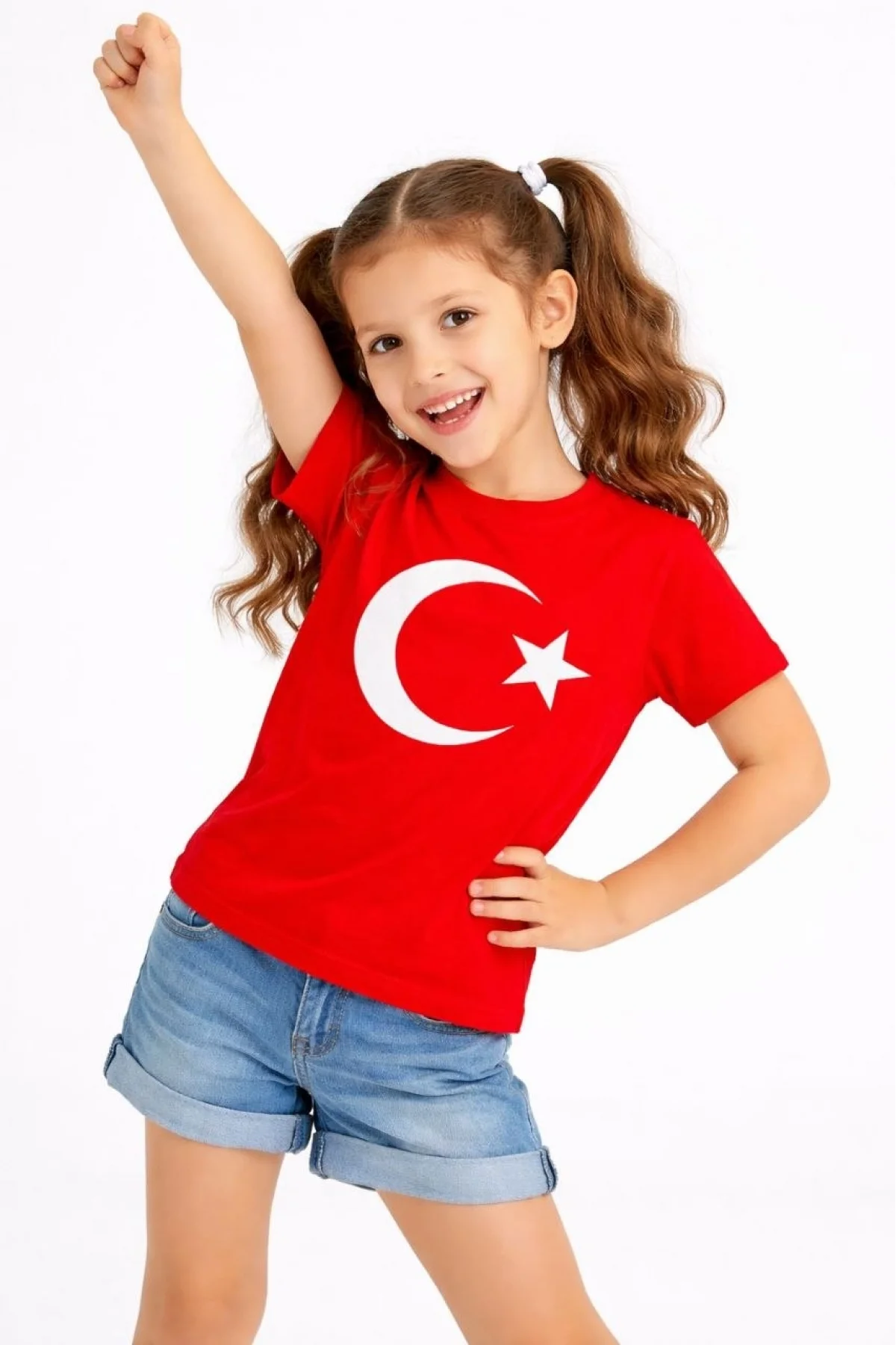 Kız Çocuk Tişört Bisiklet Yaka Ay Yıldız Bayrak Baskılı T-Shirt - Kırmızı